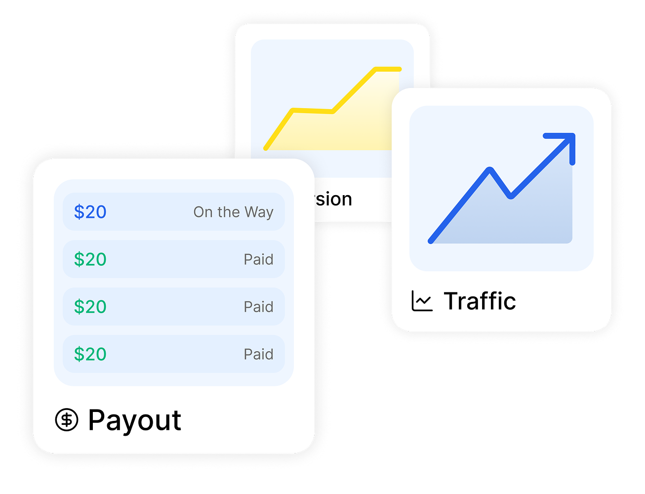 Visual dasbor afiliasi Transkriptor yang menampilkan analisis trafik, pelacakan konversi, dan pengelolaan pembayaran untuk penghasilan rujukan.
