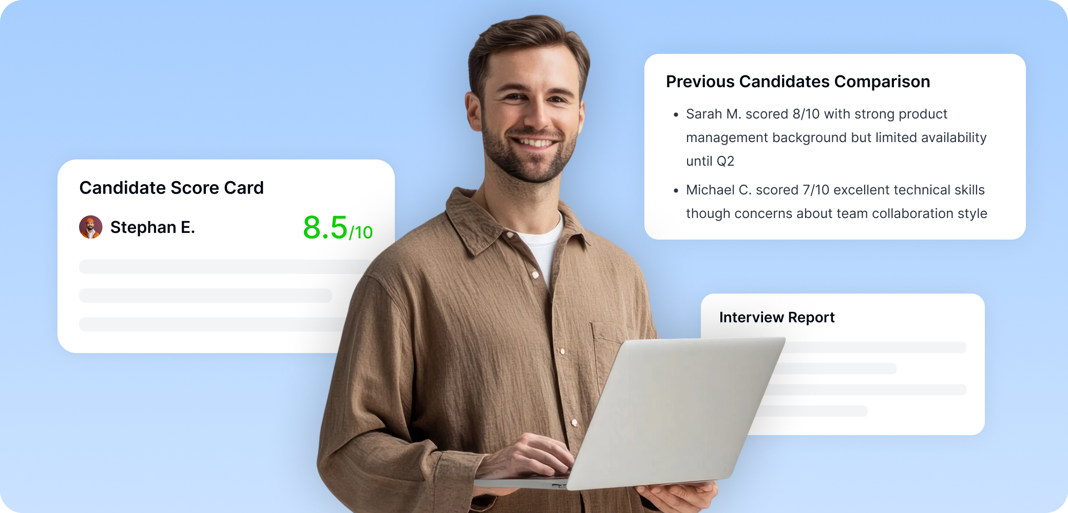 Stephan E.の評価スコアが8.5/10であることを示すスコアカード。Sarah M.やMichael C.との比較を含むパフォーマンスレビュー。