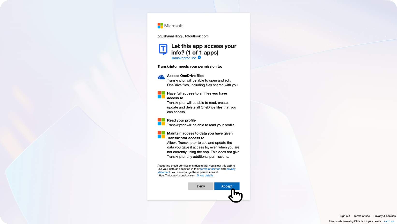Layar izin Microsoft untuk aplikasi Transkriptor yang meminta akses ke file OneDrive dan informasi profil pengguna.