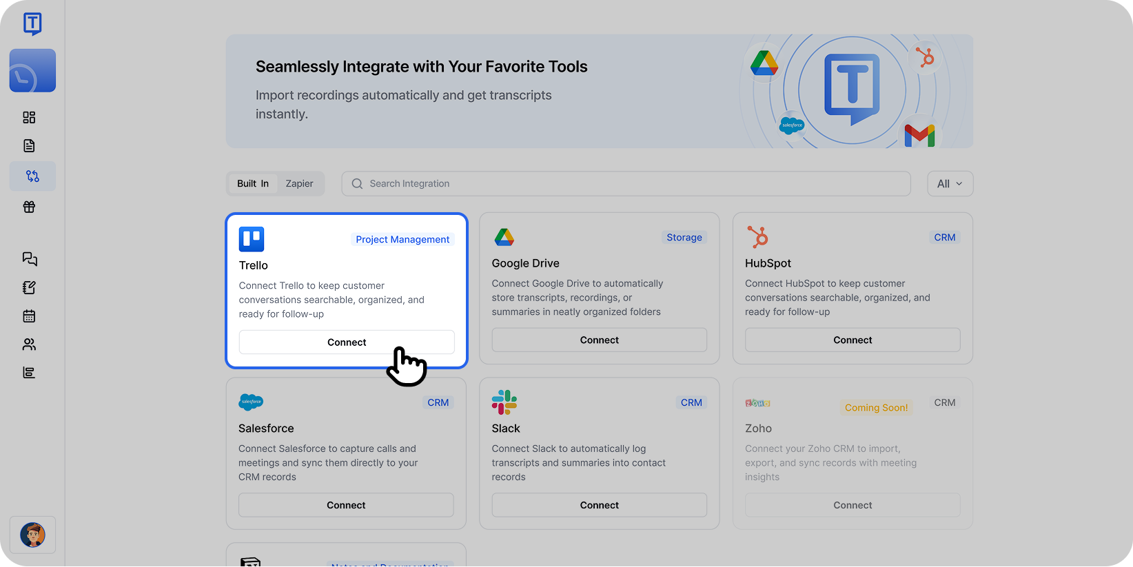 Opsi integrasi Trello yang disorot di antarmuka Transkriptor menunjukkan tombol Hubungkan untuk manajemen proyek.
