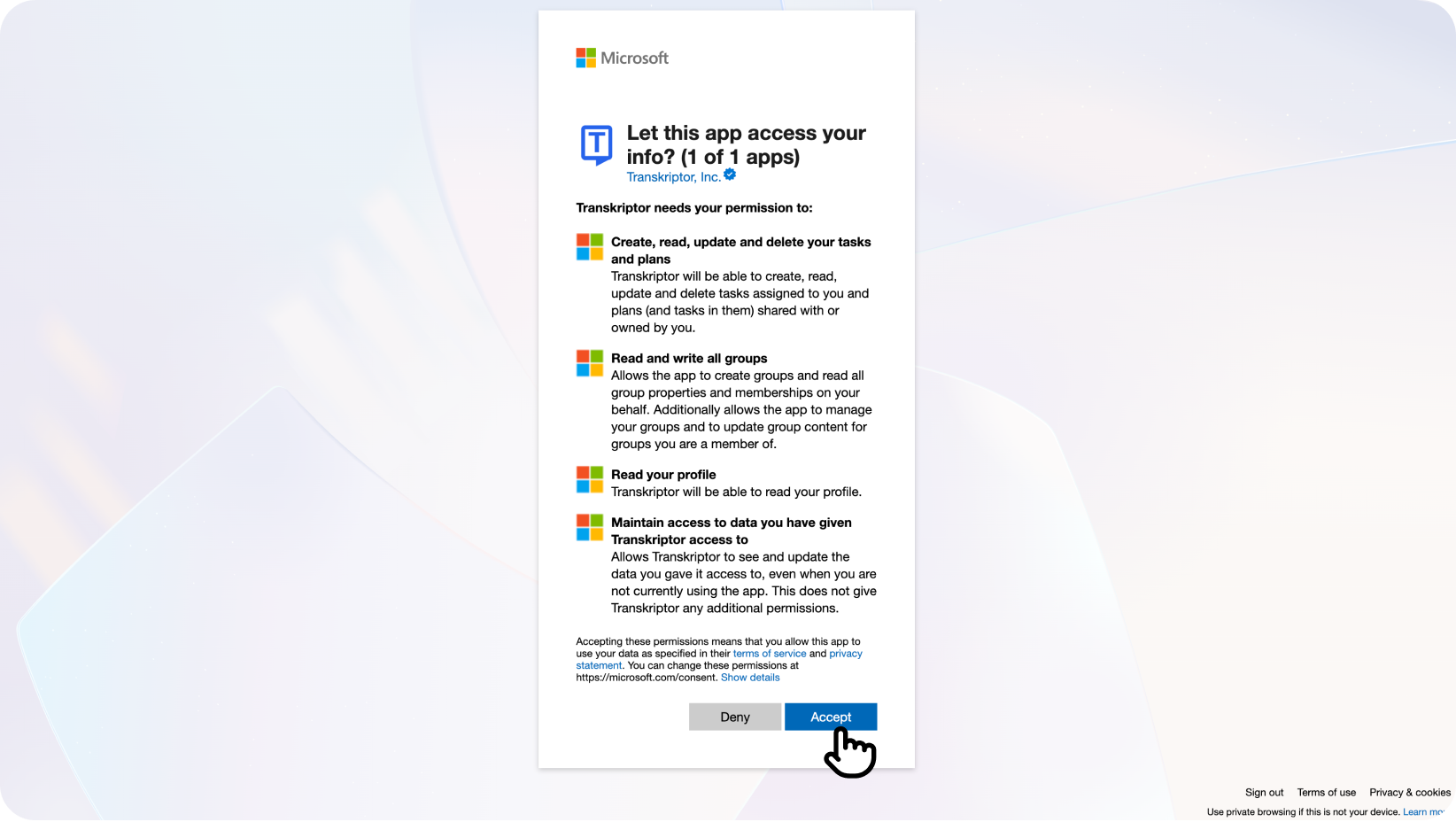 Layar persetujuan admin Microsoft untuk integrasi Transkriptor yang meminta izin organisasi