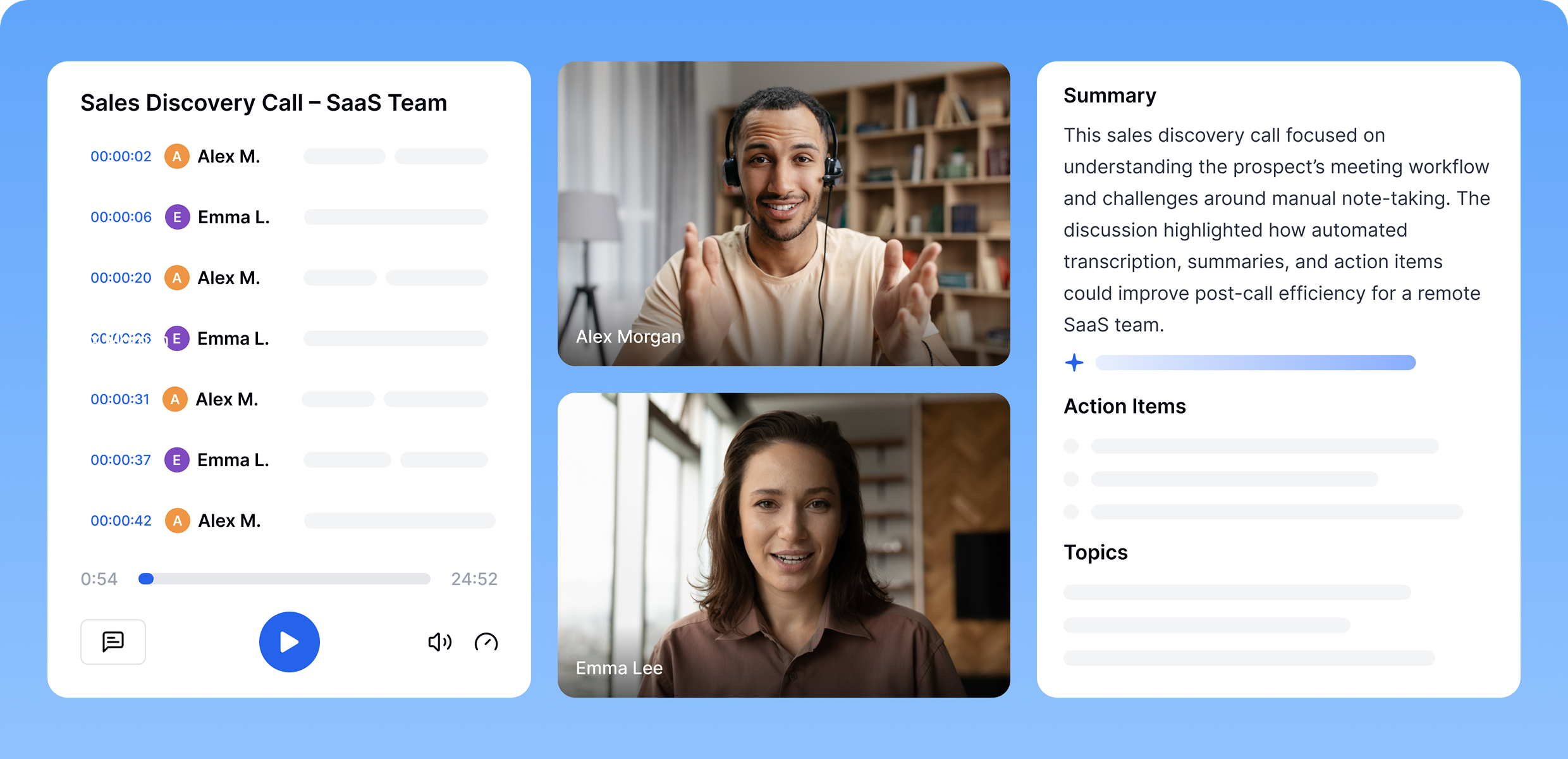 لوحة تحكم مساعد المبيعات بالذكاء الاصطناعي من Transkriptor التي تعرض نصوص المكالمات، والمخطط الزمني للمتحدثين، ومعاينة اجتماعات الفيديو، وملخصات الذكاء الاصطناعي مع بنود العمل.