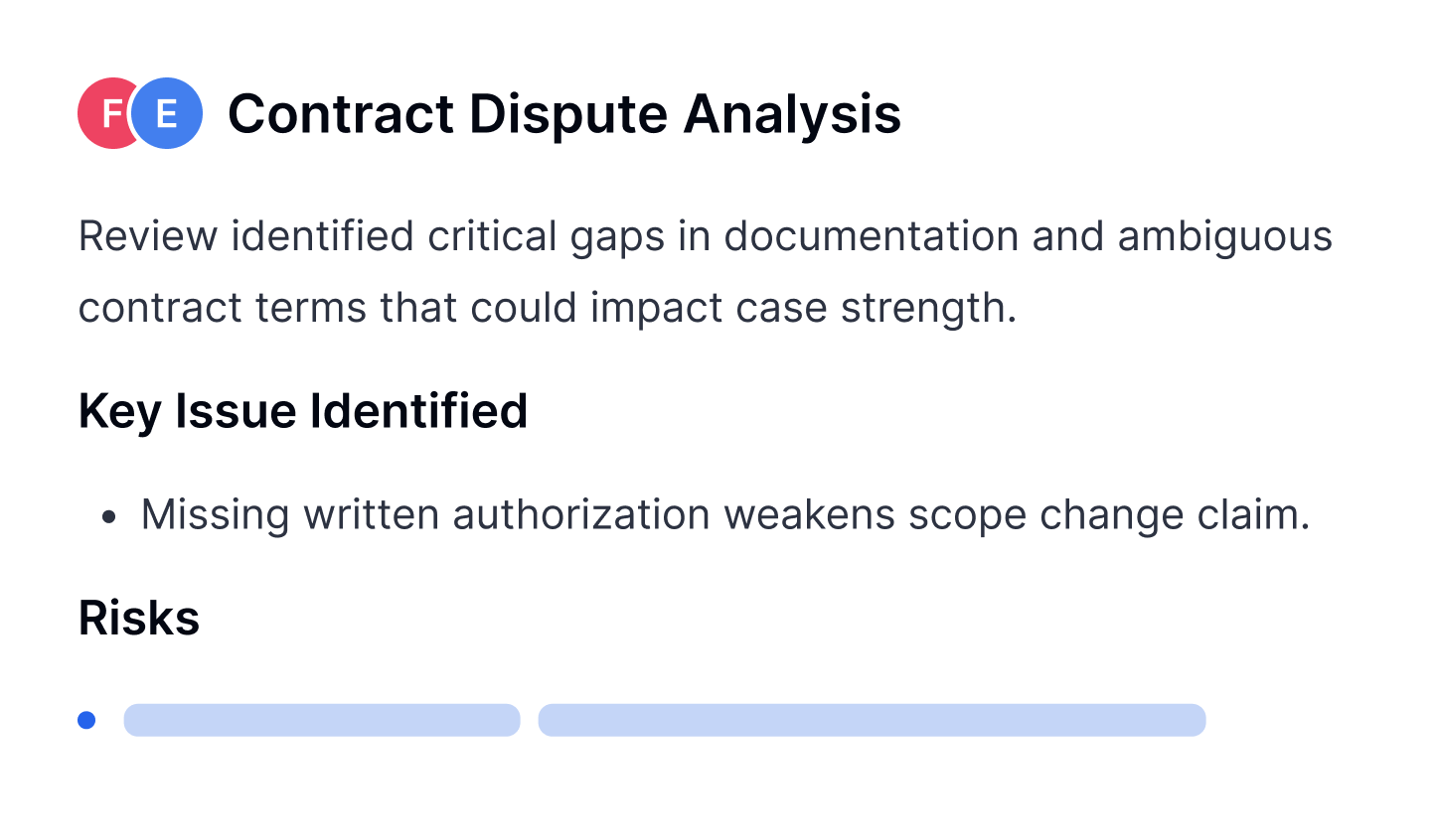 ממשק Transkriptor מציג ניתוח סכסוך חוזי עם זיהוי סוגיות מרכזיות וסיכונים מתוך תמלול פגישה משפטית