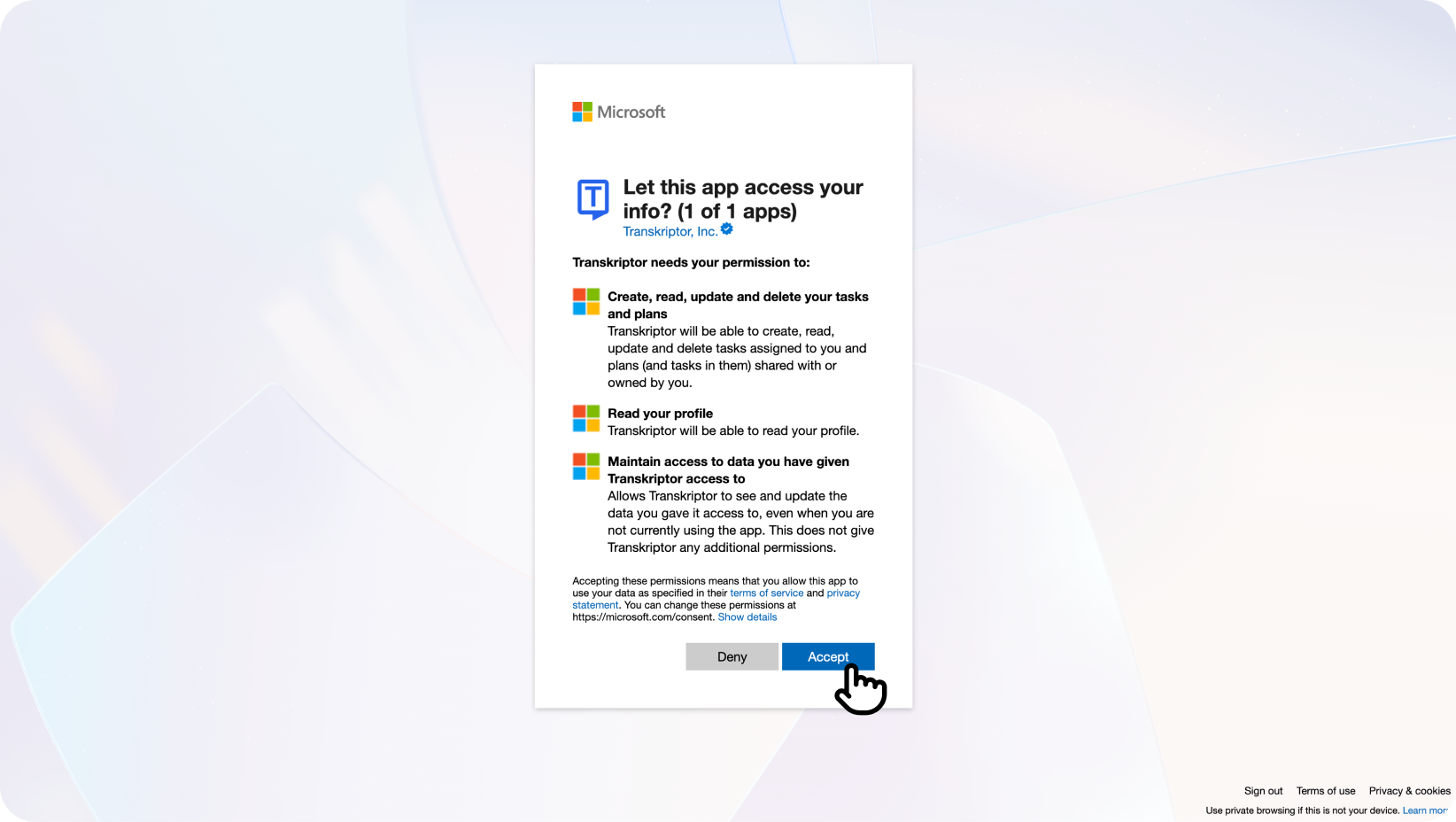Layar izin Microsoft yang menunjukkan aplikasi Transkriptor meminta akses untuk membuat dan mengelola tugas