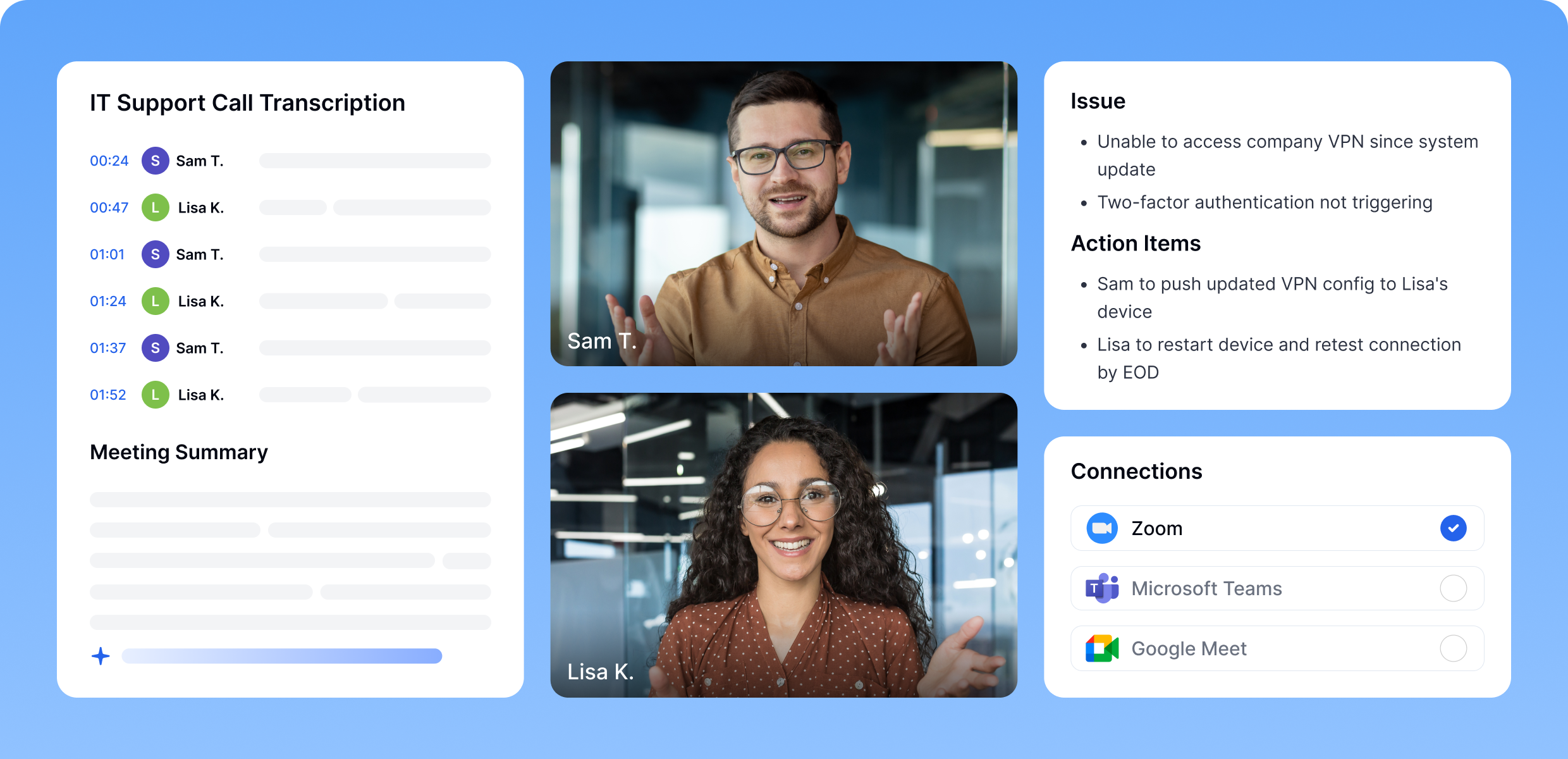 IT 支持通话转录,包含发言人标签、会议摘要、显示 VPN 和 2FA 故障的问题日志、待办事项以及 Zoom 集成面板