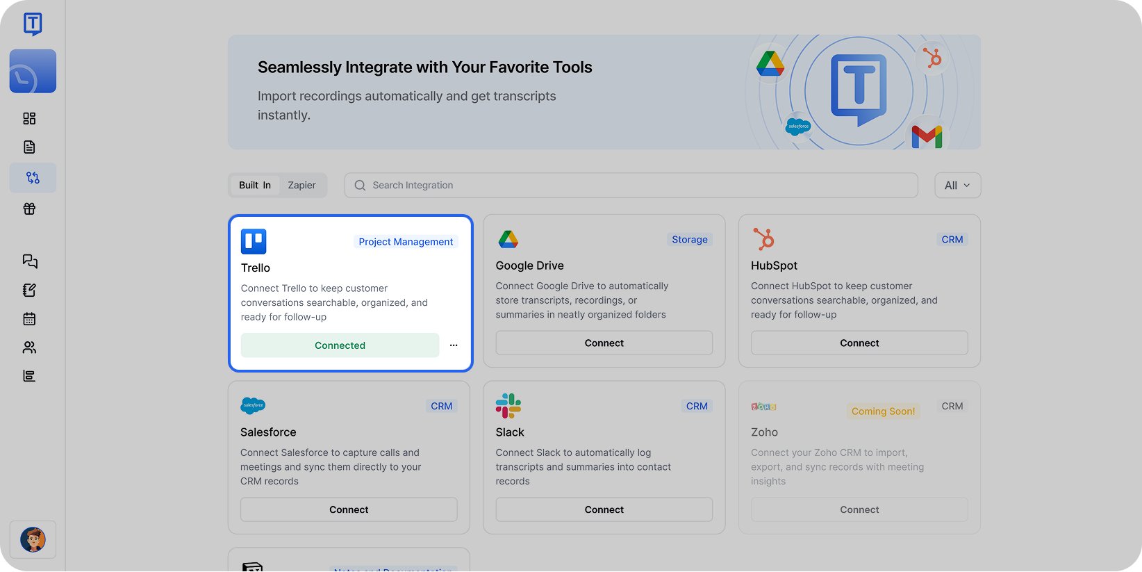 Status integrasi Trello berhasil terhubung ditampilkan di dasbor integrasi Transkriptor.