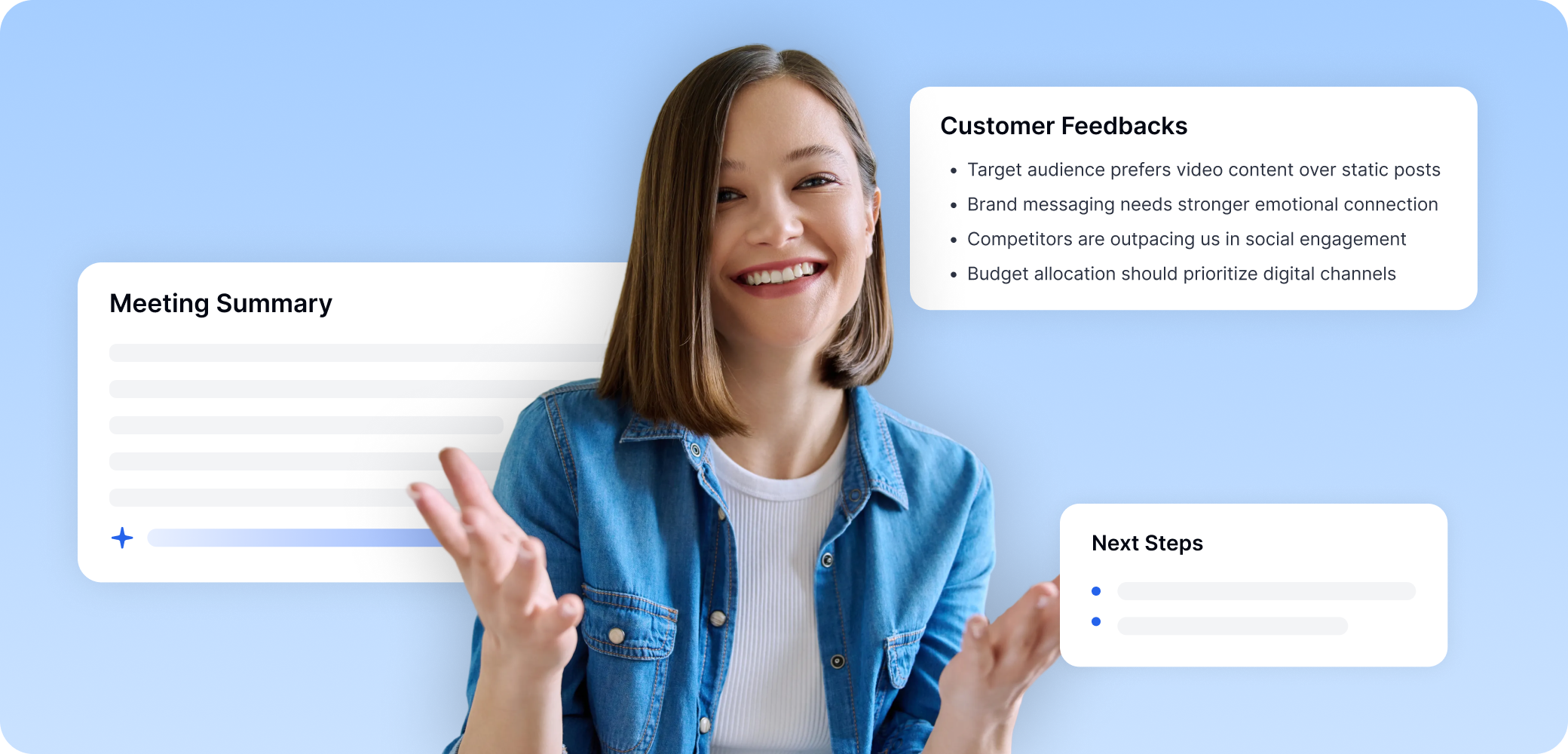 会议摘要界面显示客户反馈点，包括视频内容偏好和社交互动指标