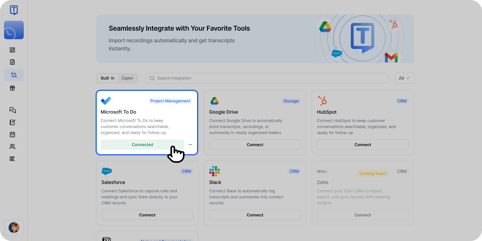 Kartu integrasi Microsoft To Do yang menunjukkan status Terhubung di dasbor integrasi Transkriptor.