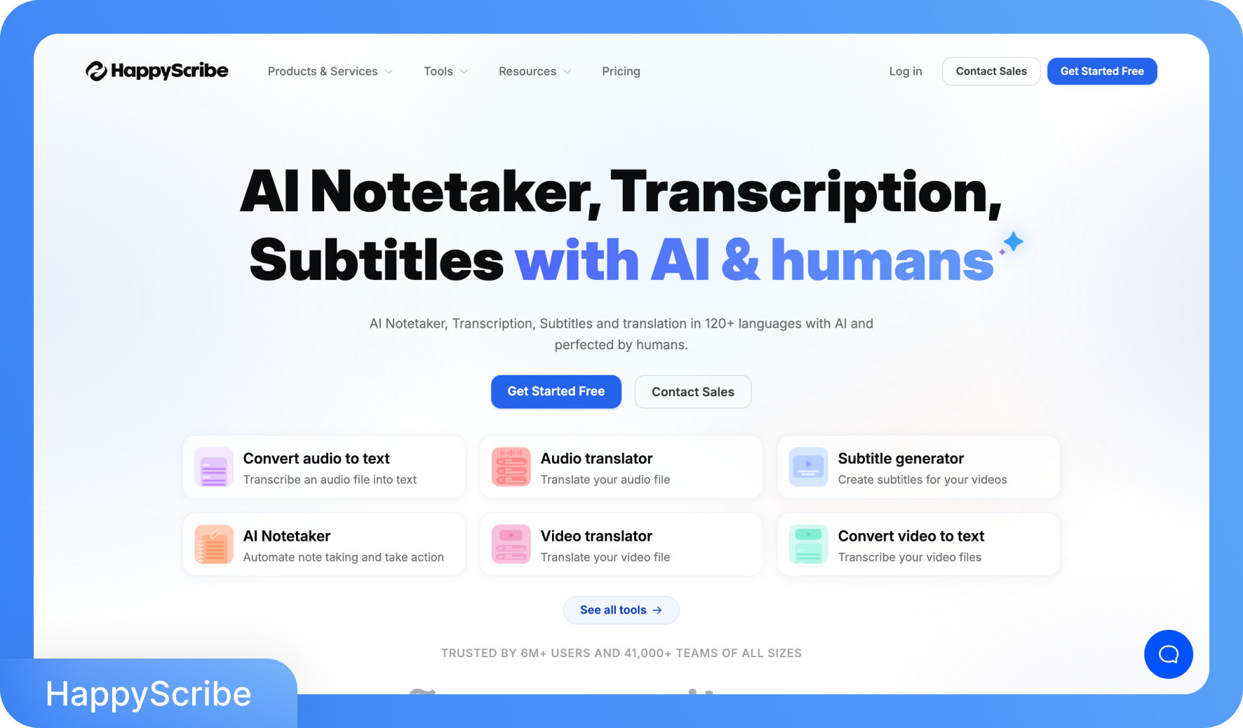 Happy Scribe 首页，展示其 AI 会议记录、转录、字幕以及音视频翻译功能。