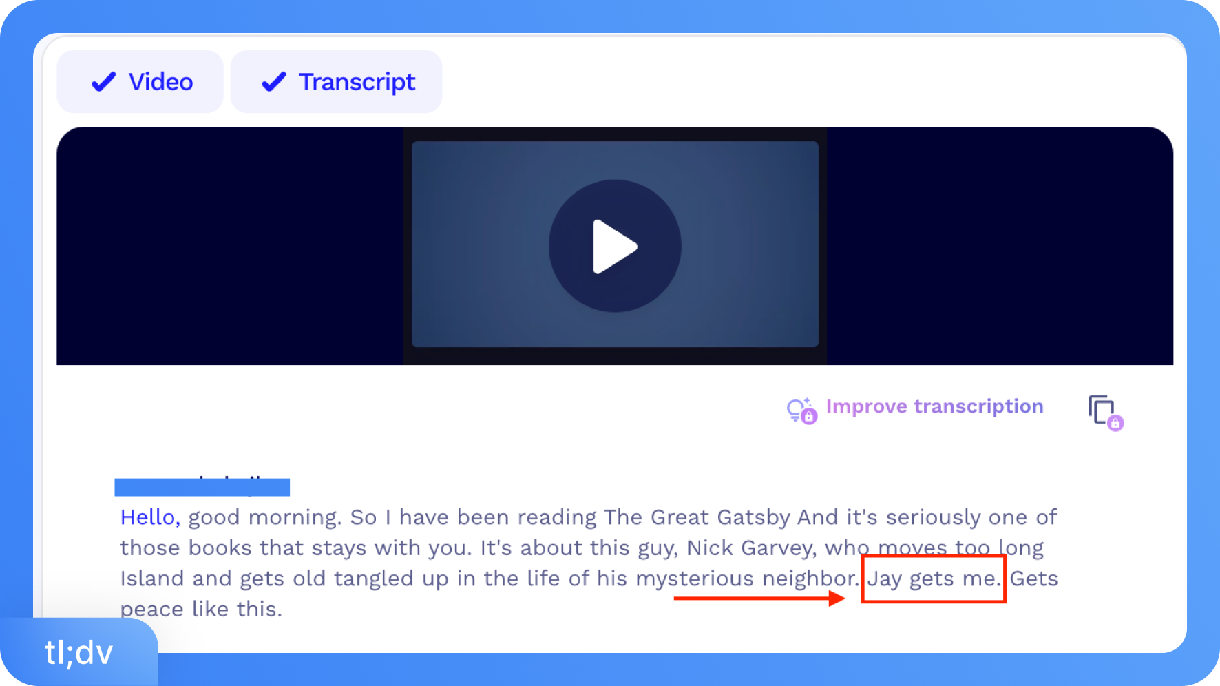 Ảnh chụp giao diện tl;dv hiển thị trình phát video, bản ghi văn bản và các thanh điều khiển tương ứng.
