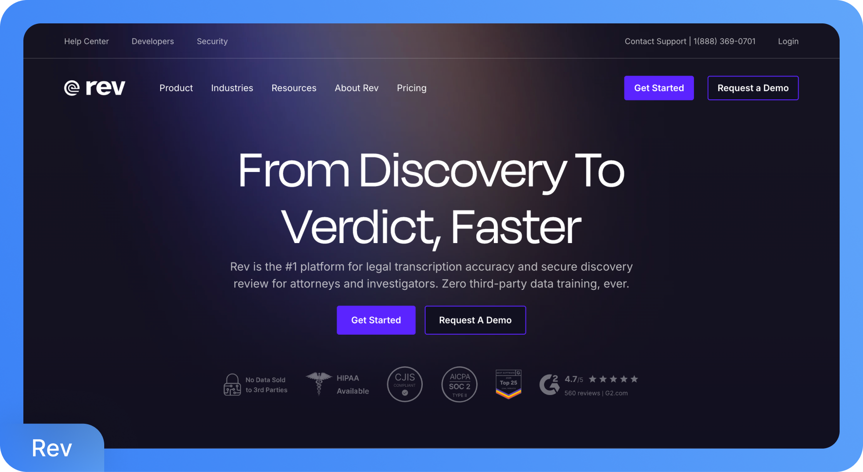 Rev 网站首页截图，重点展示了其法律转录和证据发现审查服务，口号为“从发现证据到最终判决，提速增效”。