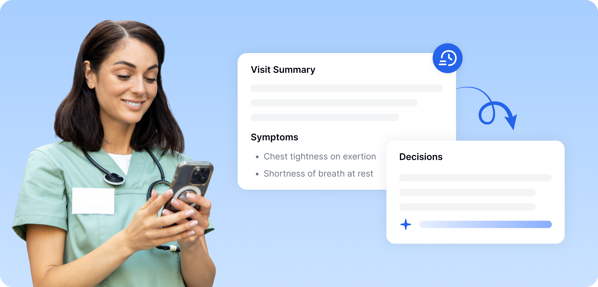 אשת צוות רפואי בוחנת סיכום ביקור ותסמינים של מטופל, כגון לחץ בחזה, בטלפון החכם שלה באמצעות כלי אוטומטי לתמיכה בהחלטות קליניות.