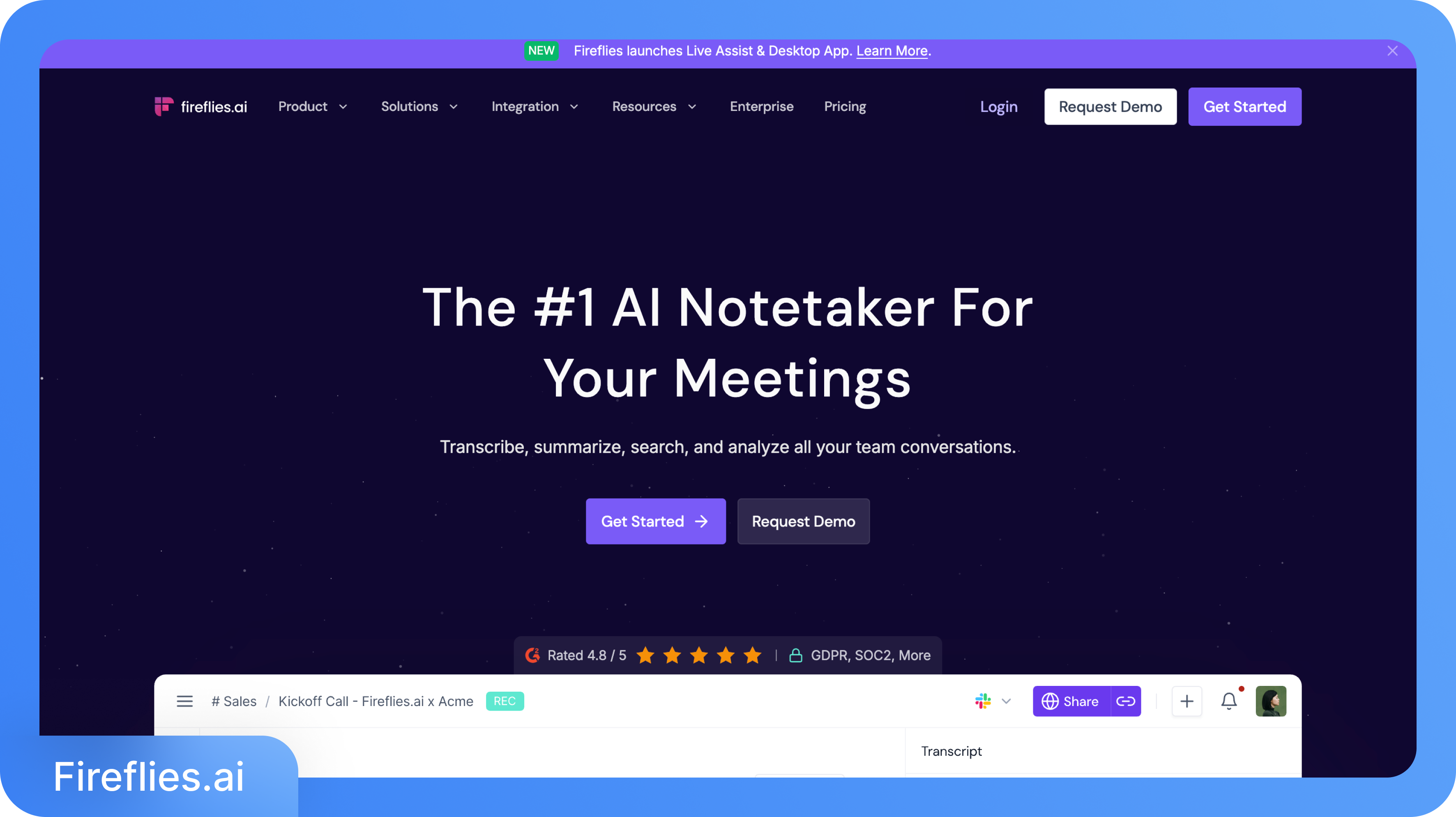 Η αρχική σελίδα του Fireflies.ai με το κεντρικό μήνυμα "Ο #1 AI βοηθός σημειώσεων για τις συναντήσεις σας".