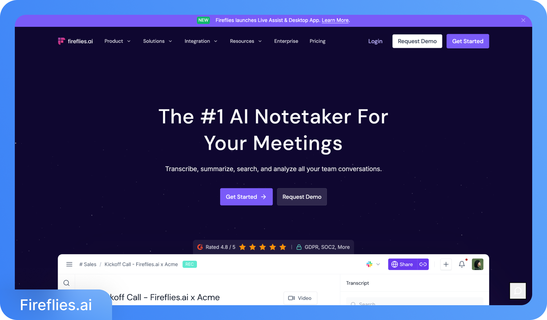 Fireflies.ai 首页截图，展示了“您的会议首选 AI 记录工具”标题及产品功能。