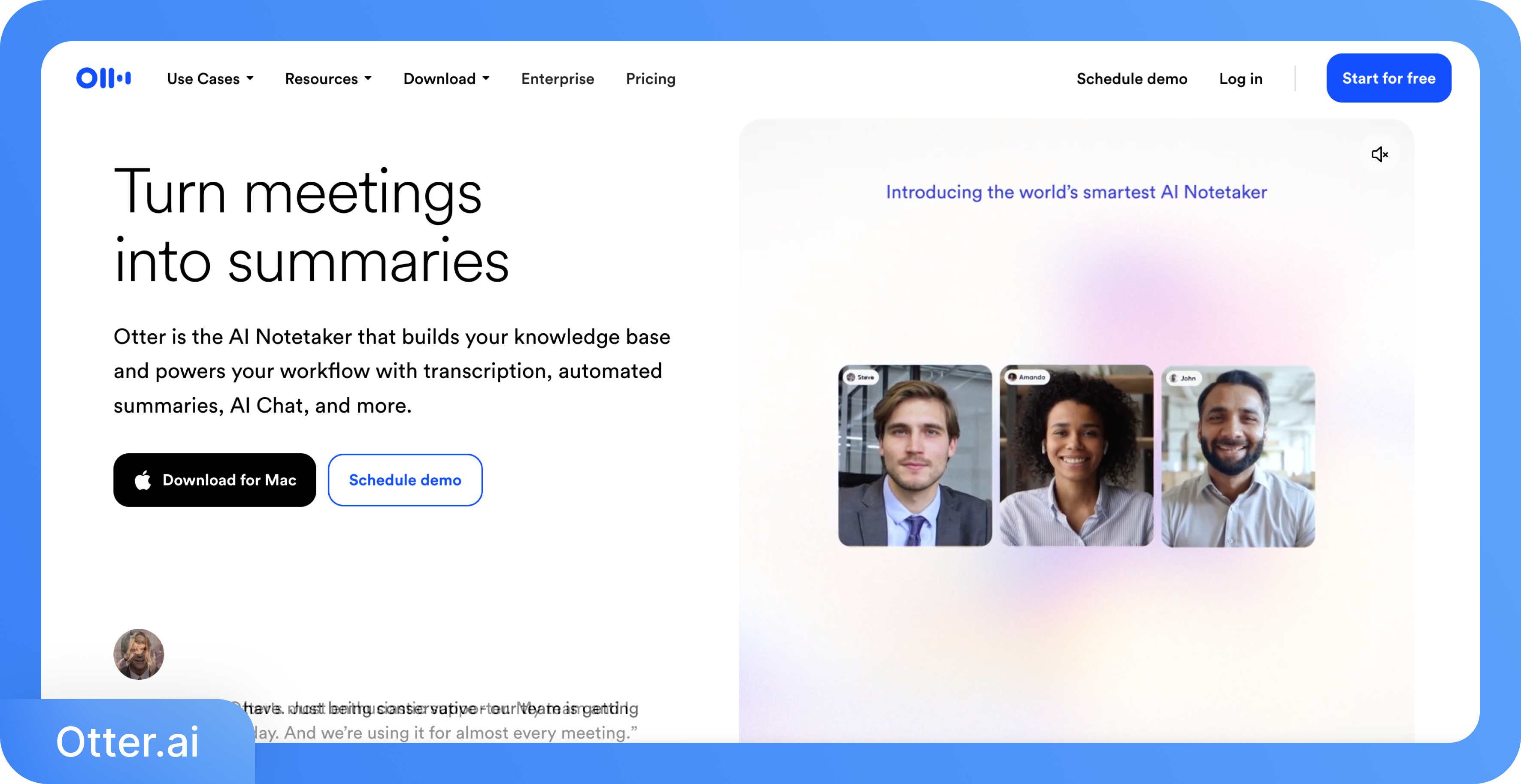 Ένα στιγμιότυπο της αρχικής σελίδας του Otter.ai με τον τίτλο "Μετατρέψτε τις συναντήσεις σε περιλήψεις" και εικόνες τριών ατόμων σε βιντεοκλήση.