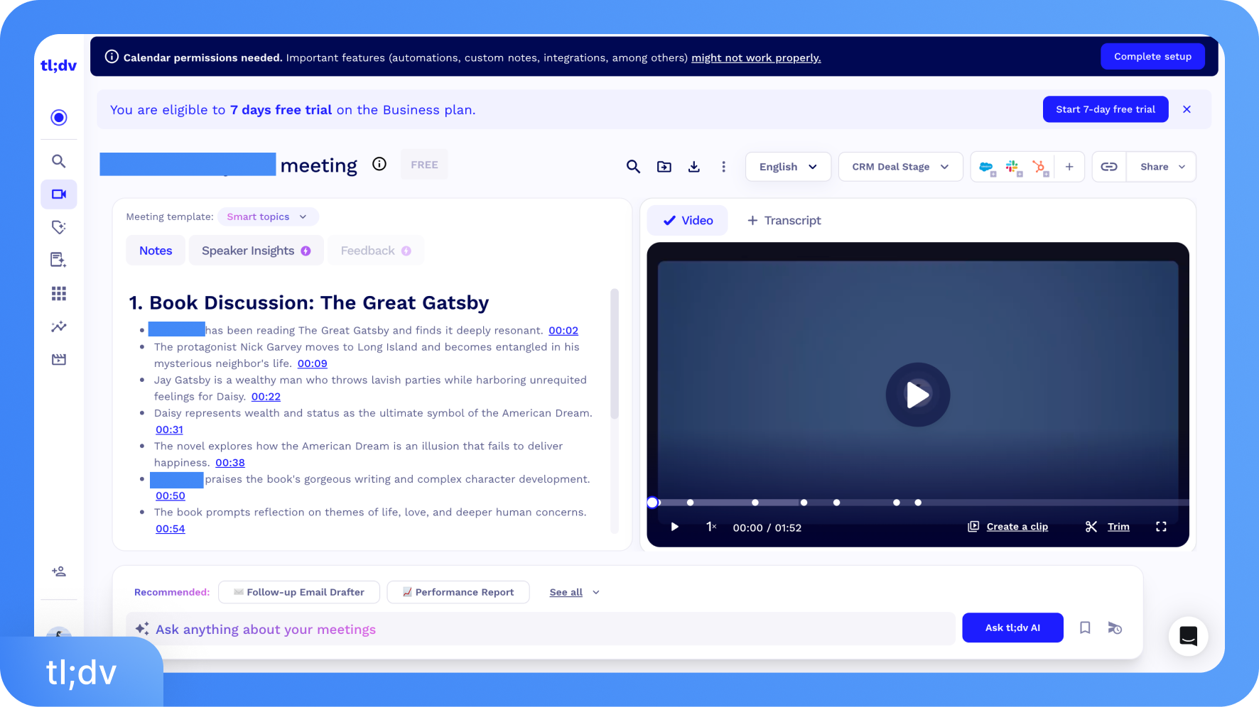Ảnh chụp màn hình bản ghi cuộc họp trên tl;dv với trình phát video và 