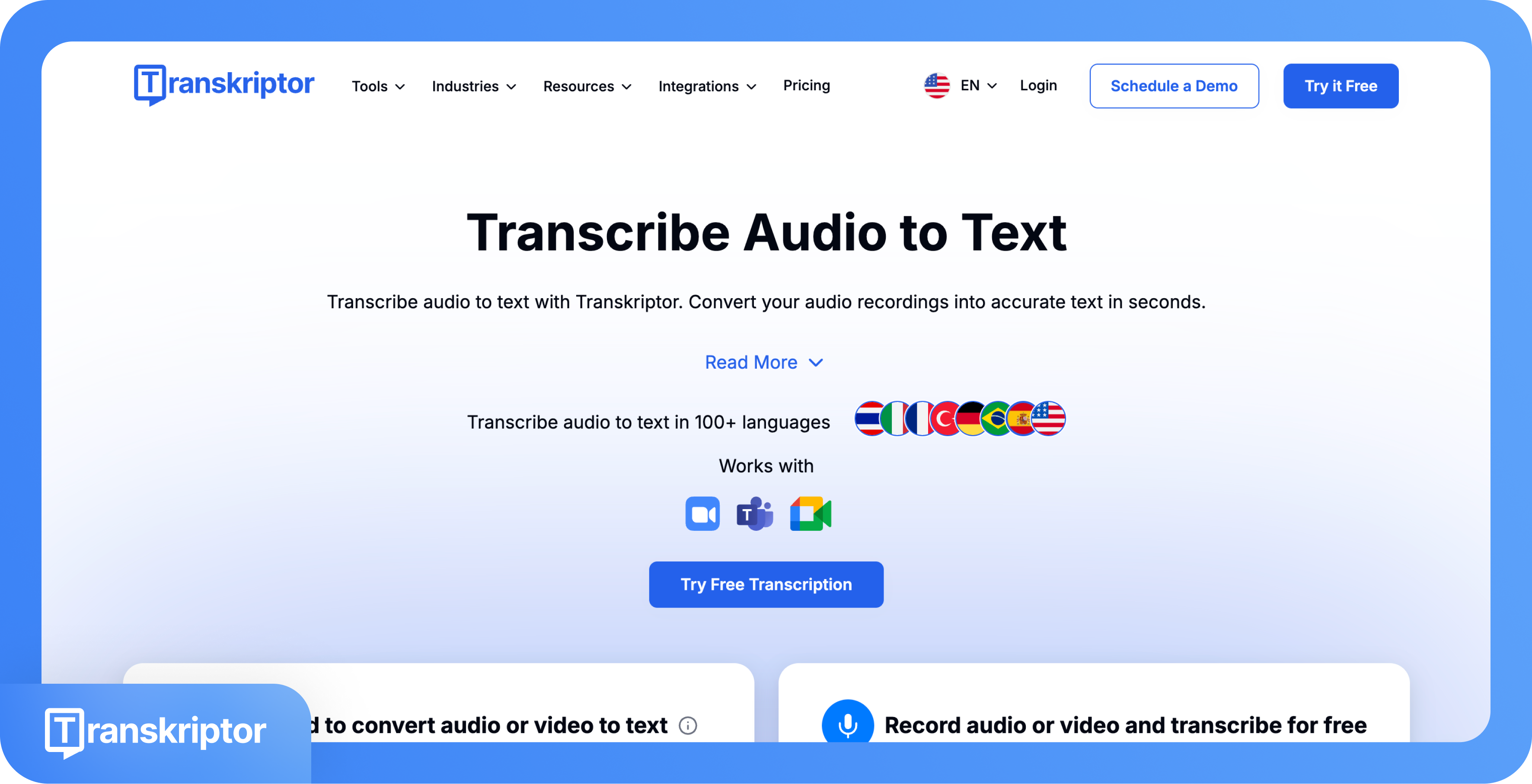 Αρχική σελίδα του Transkriptor με τίτλο "Μεταγράψτε Ήχο σε Κείμενο", υποστηριζόμενες γλώσσες και ενσωματώσεις όπως το Microsoft Teams.