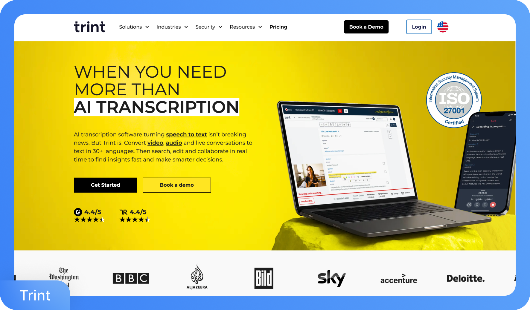 笔记本电脑和智能手机上显示的 Trint AI 转录软件界面，配有黄色背景和“不仅是 AI 转录”文字。