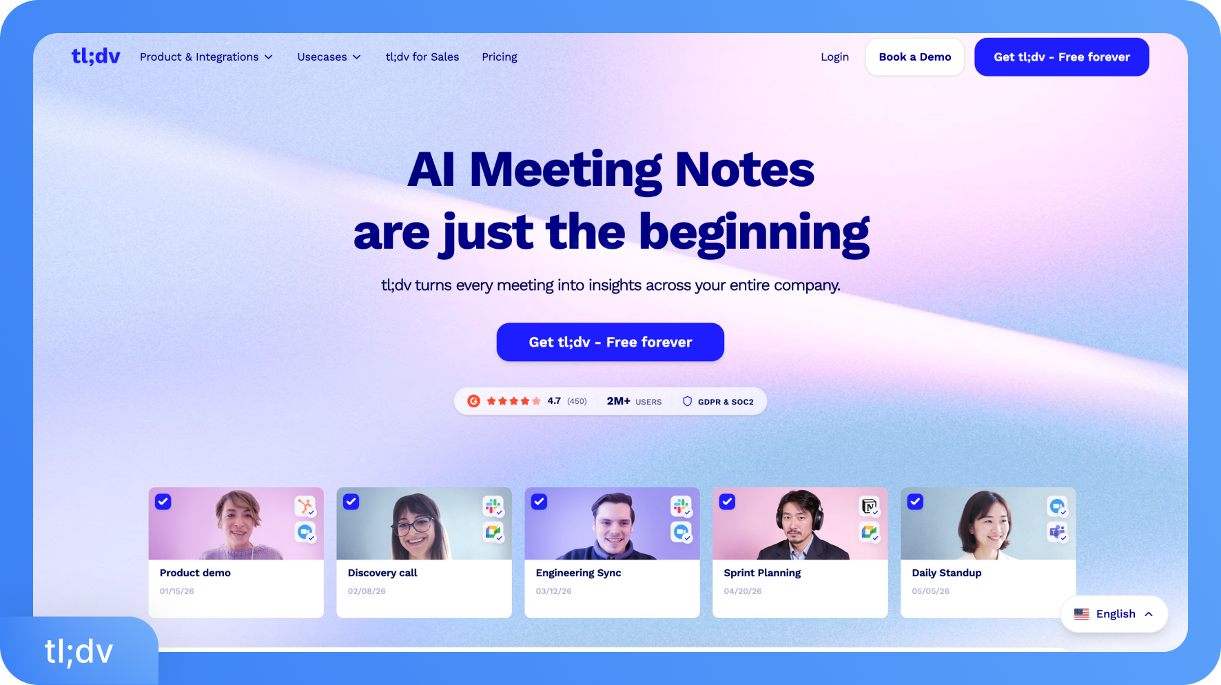 Ảnh chụp màn hình trang chủ tl;dv hiển thị dòng chữ "Ghi chú cuộc họp bằng AI mới chỉ là bắt đầu" và danh sách các cuộc họp đã ghi âm.