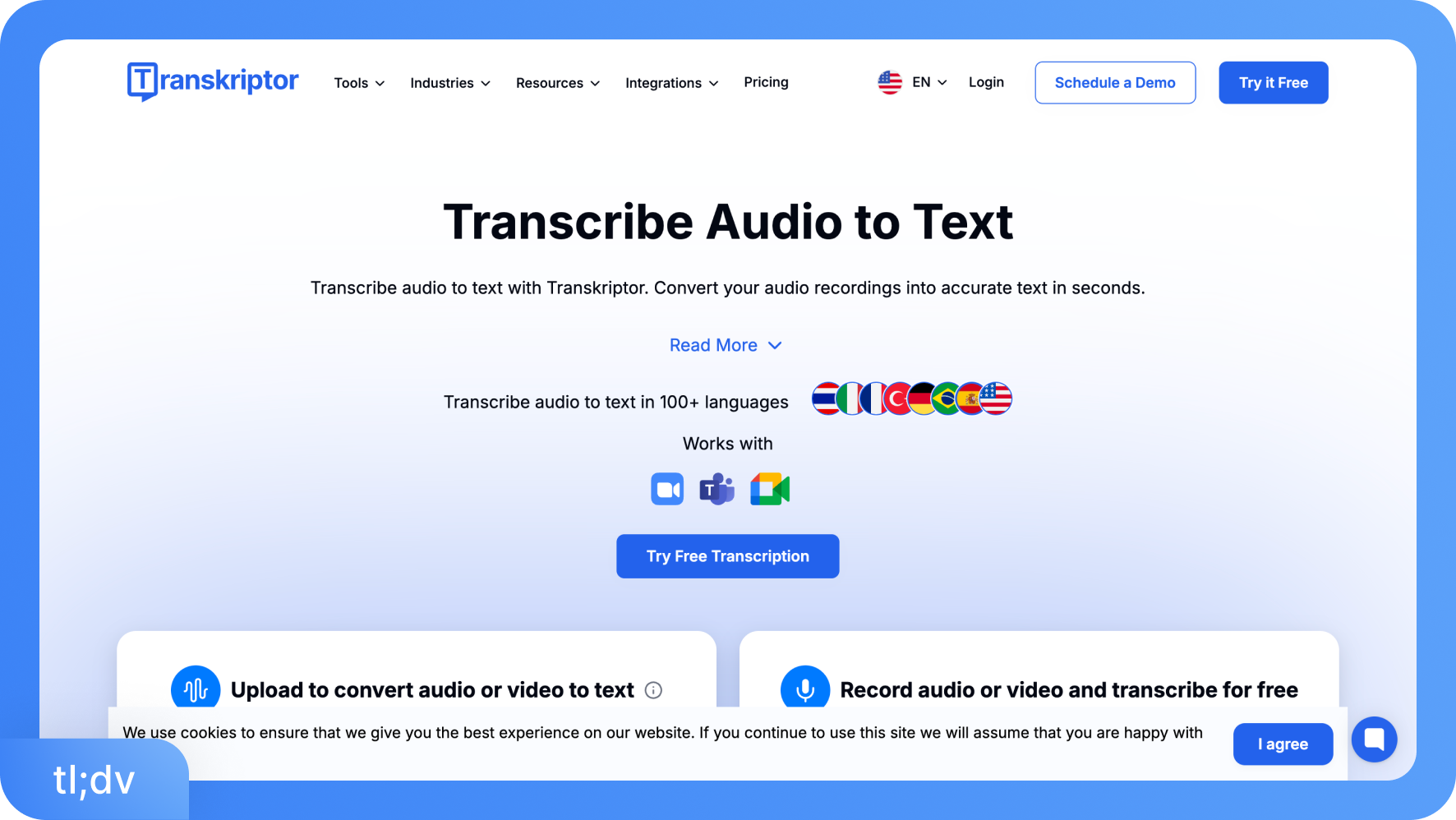 Ảnh chụp màn hình trang chủ Transkriptor, hiển thị các tùy chọn chuyển đổi âm thanh thành văn bản, các ngôn ngữ được hỗ trợ và các tích hợp.