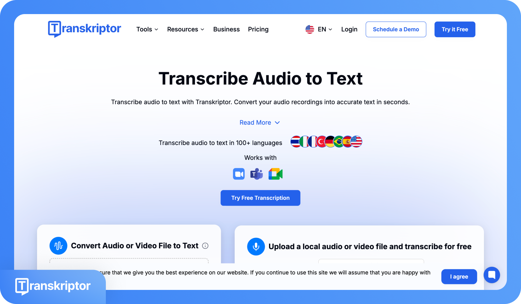 Transkriptor 官方网站首页截图，主要展示“音频转文本”功能。