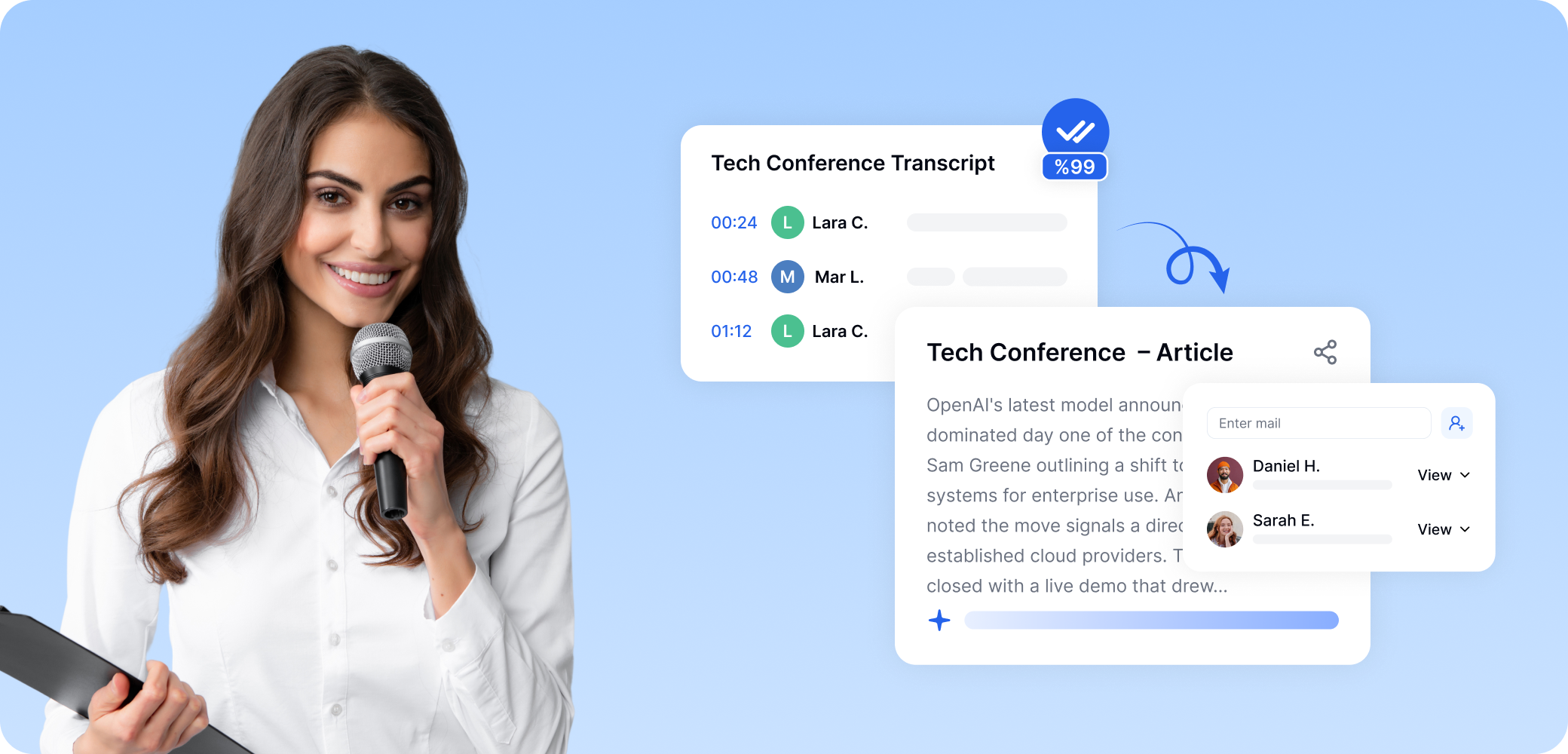 כתב אוחז במיקרופון לצד ממשק משתמש המציג תמלול של כנס טכנולוגי שהופך לטיוטת מאמר לפרסום, המשותפת עם שאר חברי הצוות לביקורת.