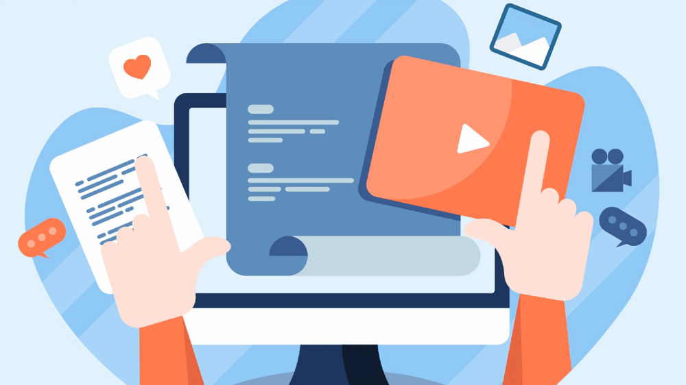 ภาพประกอบการโต้ตอบกับเนื้อหาดิจิทัลด้วยมือที่กำลังใช้งานอุปกรณ์และไอคอนมัลติมีเดีย