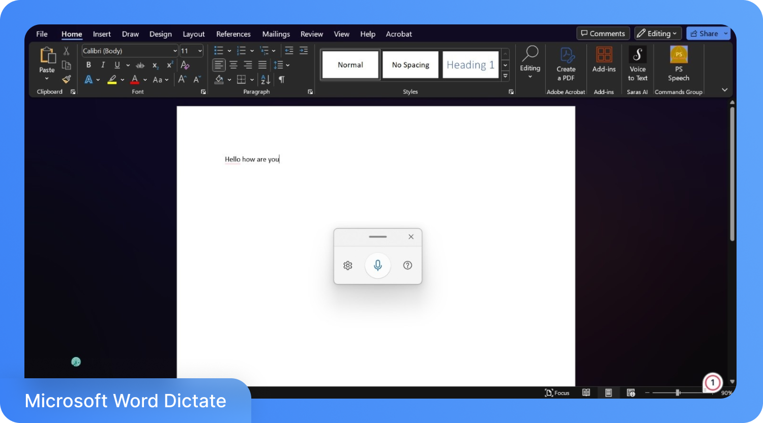 Captura de tela do recurso Ditado do Microsoft Word transcrevendo "Olá, como vai você" em um documento.