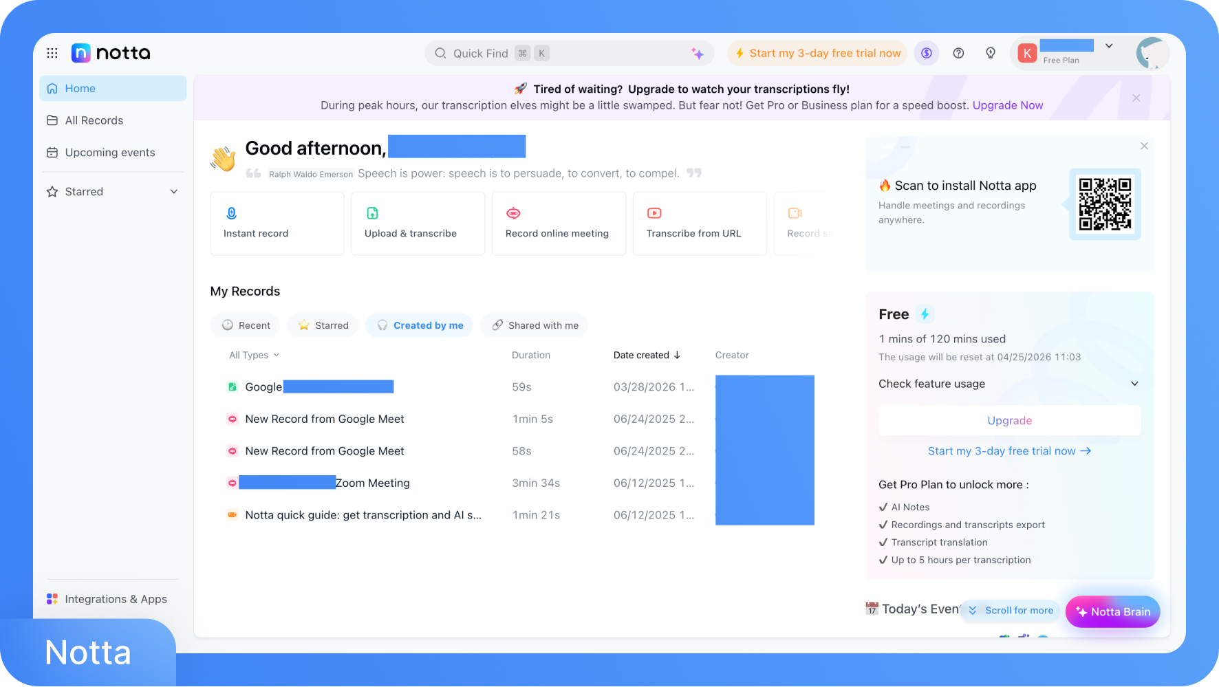 Kayıtları, transkripsiyon seçeneklerini ve ücretsiz plan kullanım durumunu gösteren Notta paneli ekran görüntüsü.