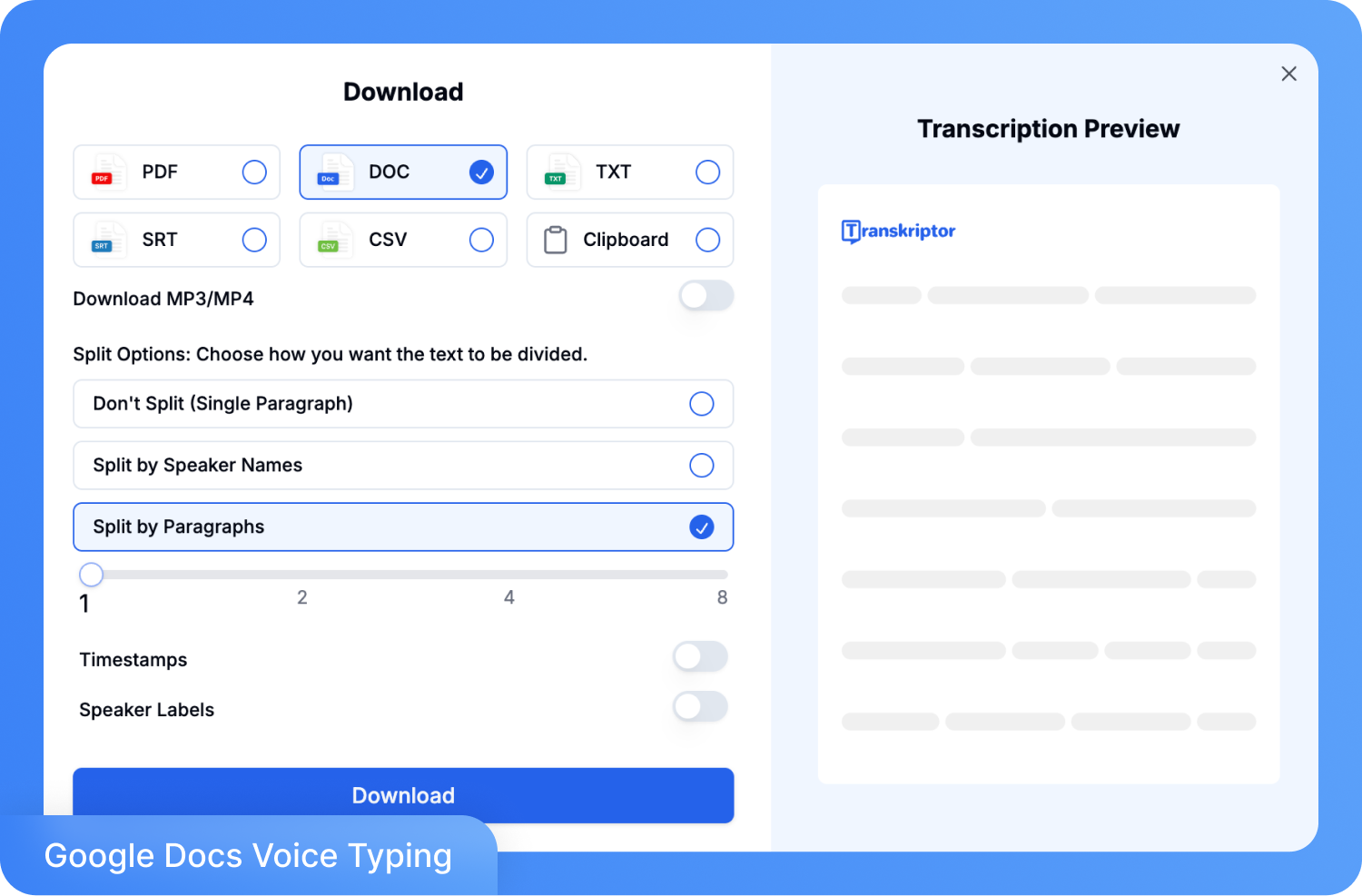 A képernyőképen a Transkriptor látható, amint különböző formátumokban (például DOC, PDF, SRT és TXT) kínál letöltési lehetőségeket, bekezdések vagy beszélőnevek szerinti felosztással.