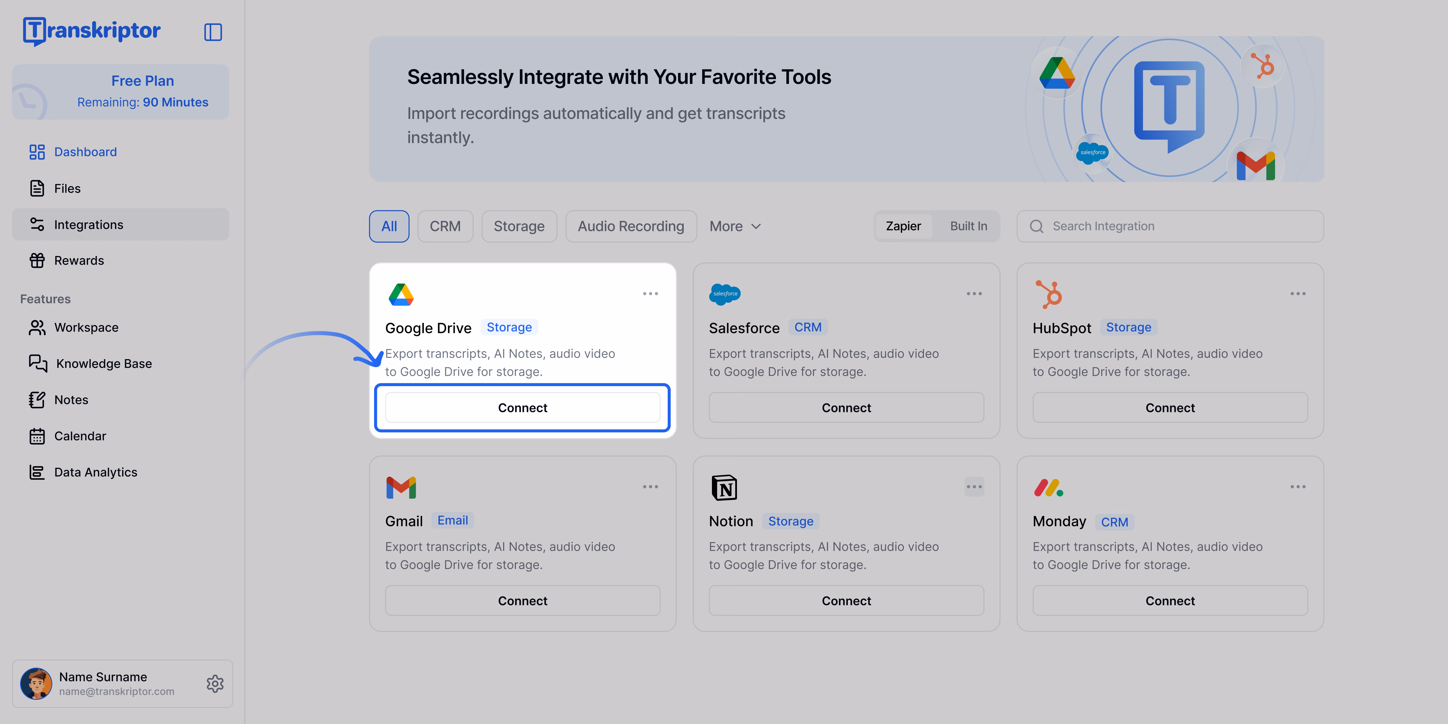 Rozhraní Transkriptor zobrazující možnost integrace s Google Drive.