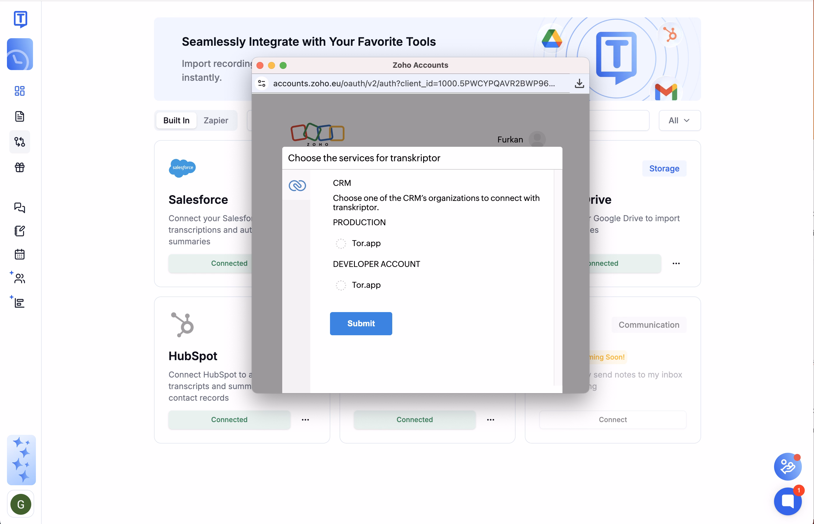 CRM bağlantısı için Transkriptor arayüzünde Zoho entegrasyon penceresi.