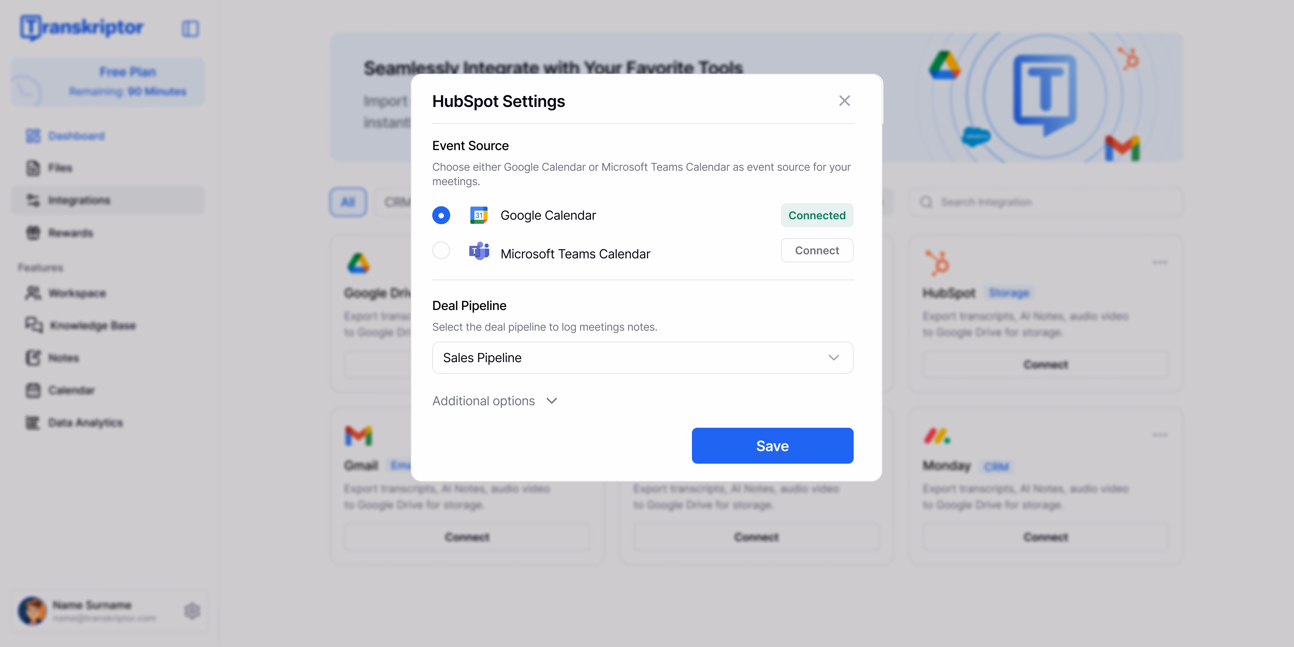 Transkriptor HubSpot integracijos nustatymai su Google kalendoriaus prijungimu.