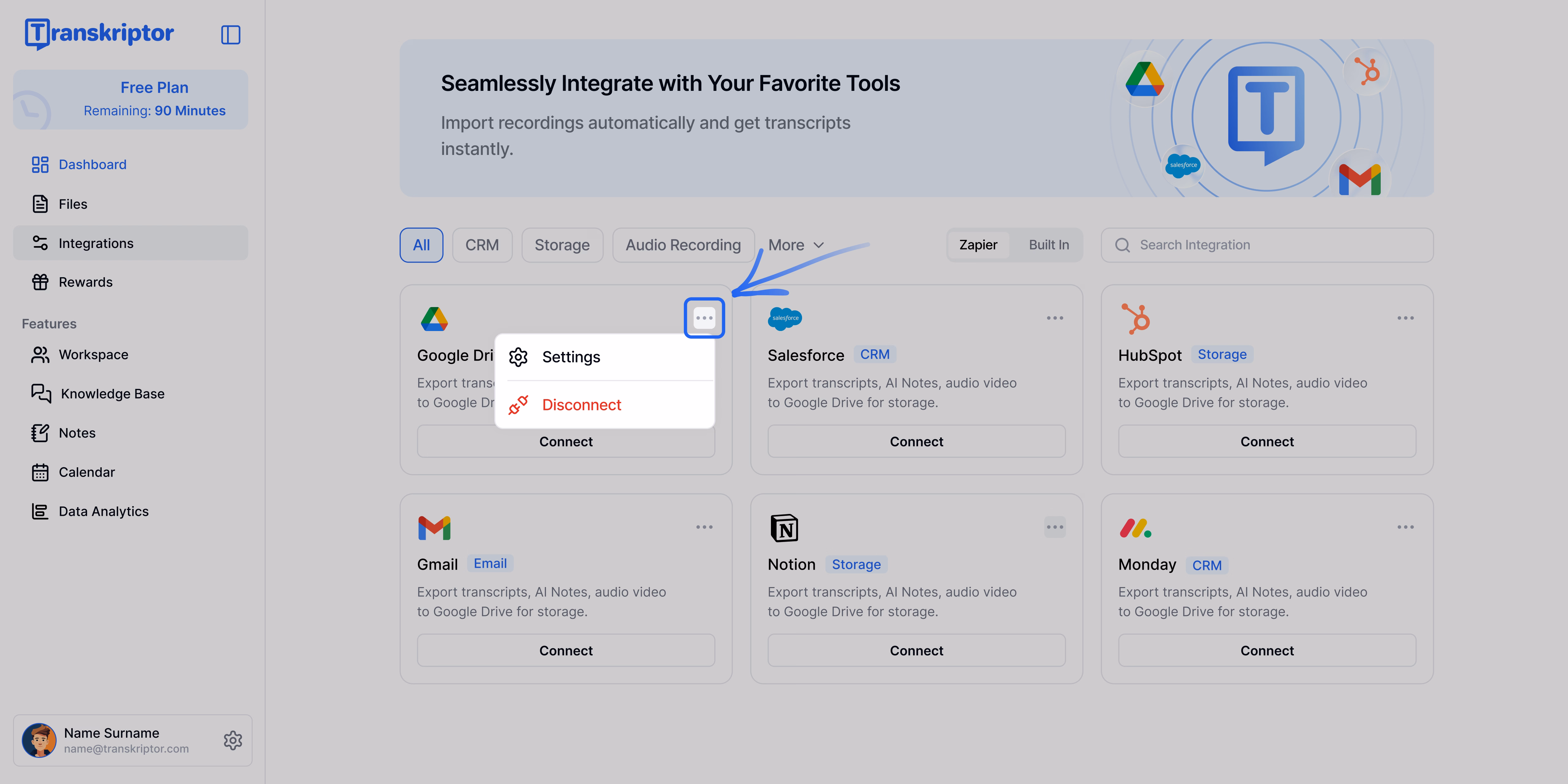 Rozhraní Transkriptor zobrazující nastavení integrace s Google Drive.