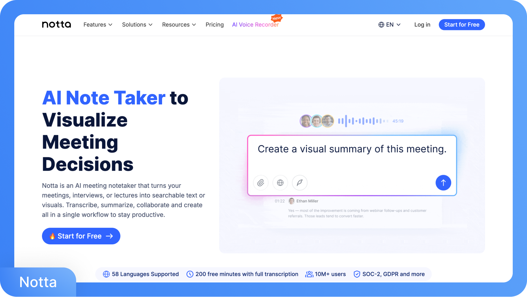 Görsel giriş seçenekleriyle birlikte, toplantı özeti oluşturma ekranını gösteren bir Notta AI Not Alıcı arayüzü.