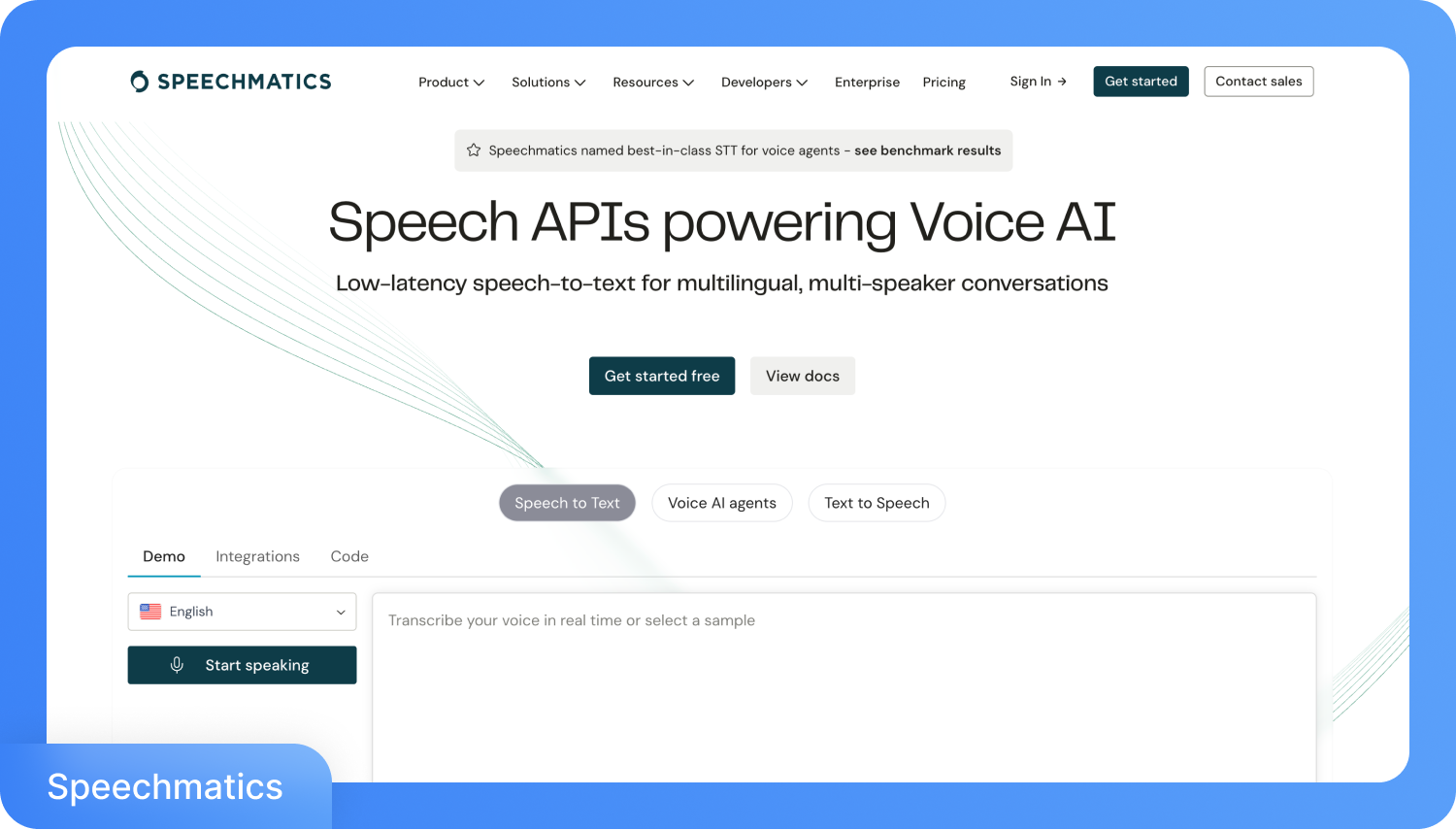 Screenshot van de homepage van de Speechmatics-website waarop hun spraak-naar-tekst-demo te zien is met 
