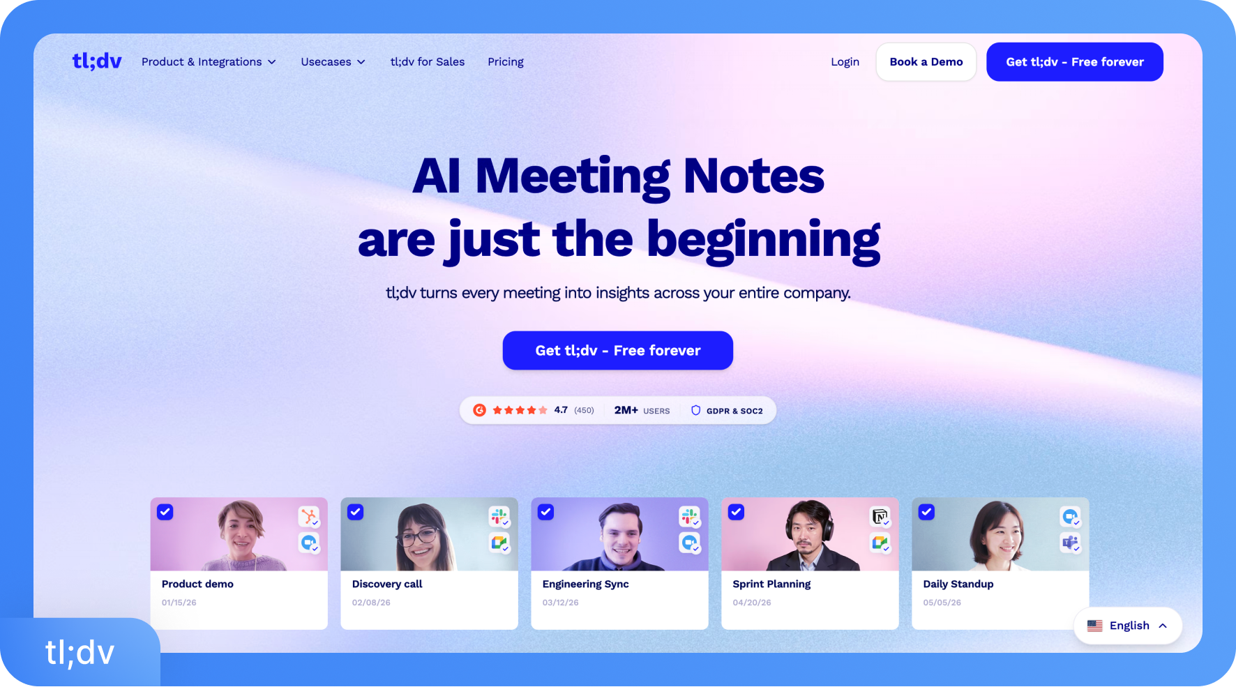 Ein Screenshot der tl;dv-Website mit der Überschrift „KI-Meeting-Notizen sind erst der Anfang“ und verschiedenen Meeting-Typen.