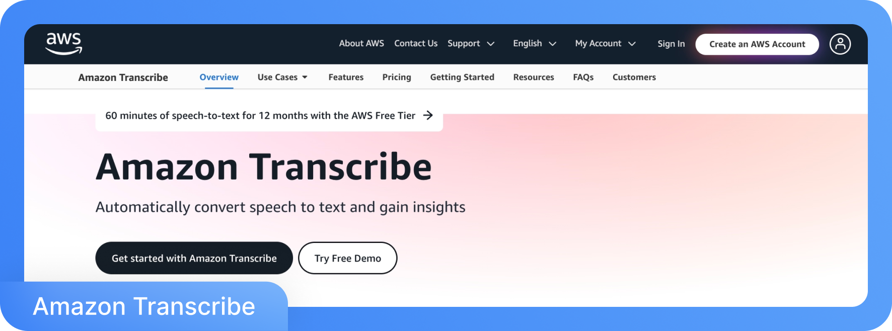 Amazon Transcribe 官网截图，展示了其语音转文本的核心转换功能。
