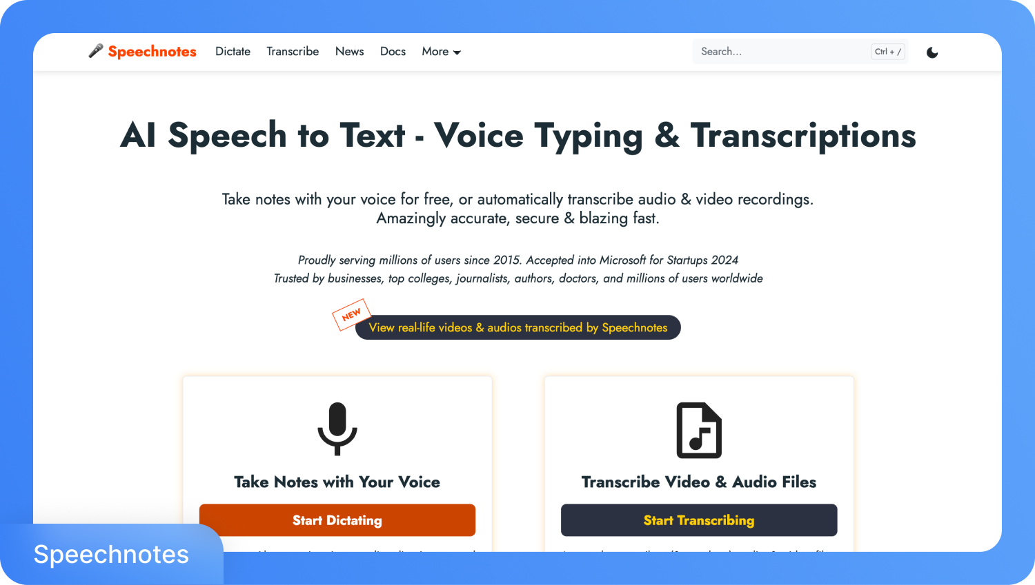 De interface van de Speechnotes AI-spraak-naar-tekst software met opties voor stemgestuurd typen en audio/video-transkripsiyon.