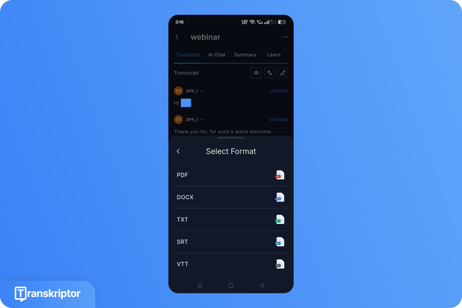 Ein Smartphone-Bildschirm mit einer App, die Sprache aus einem Webinar transkribiert. Es werden Exportoptionen in den Formaten PDF, DOCX, TXT, SRT und VTT angezeigt.