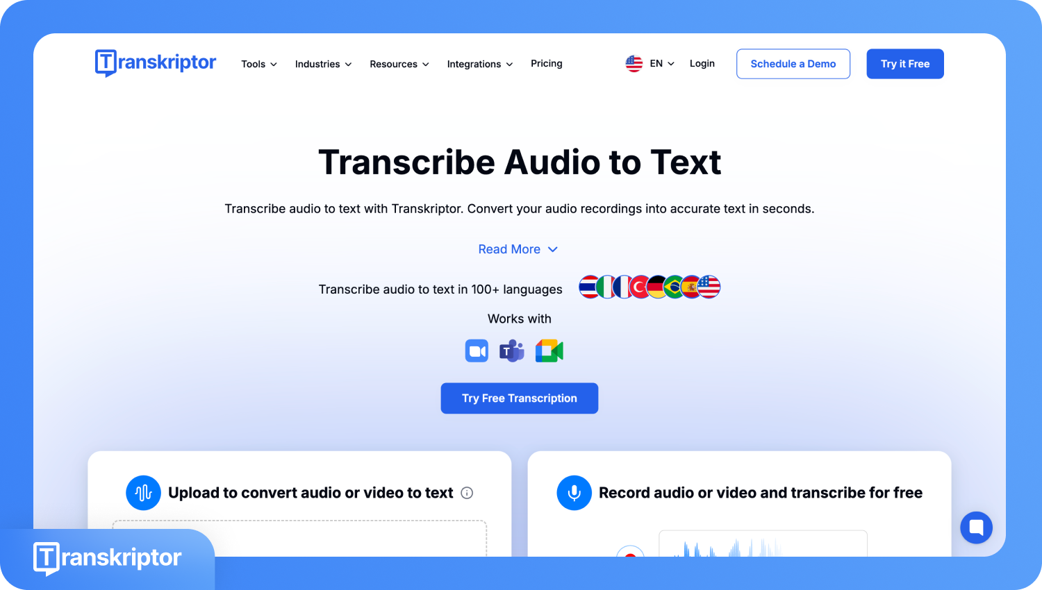 Uma captura de tela do site Transkriptor exibindo o título "Transcrever áudio em texto", recursos e idiomas suportados.