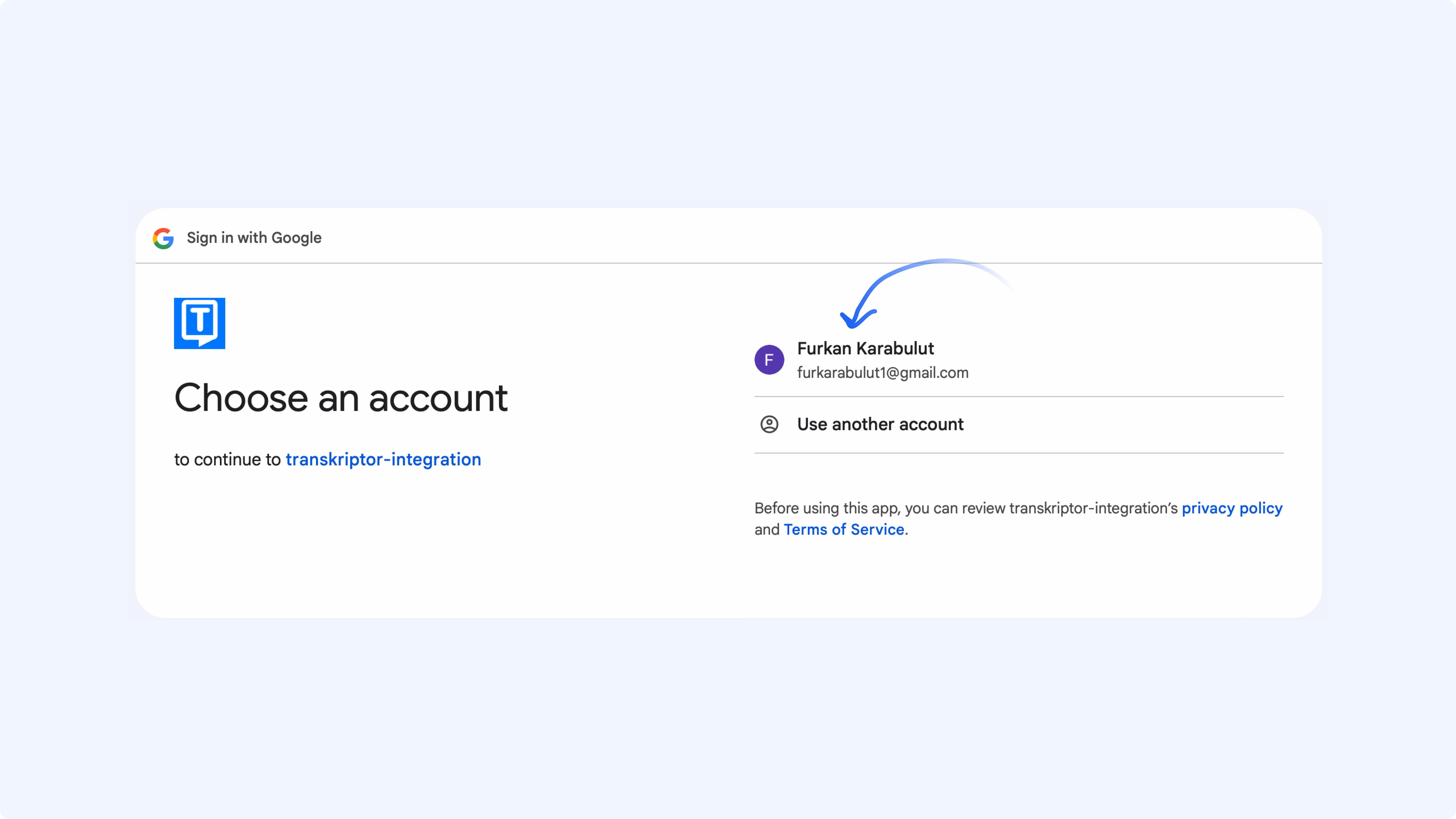 Obrazovka výběru účtu Google pro integraci s Transkriptorem.