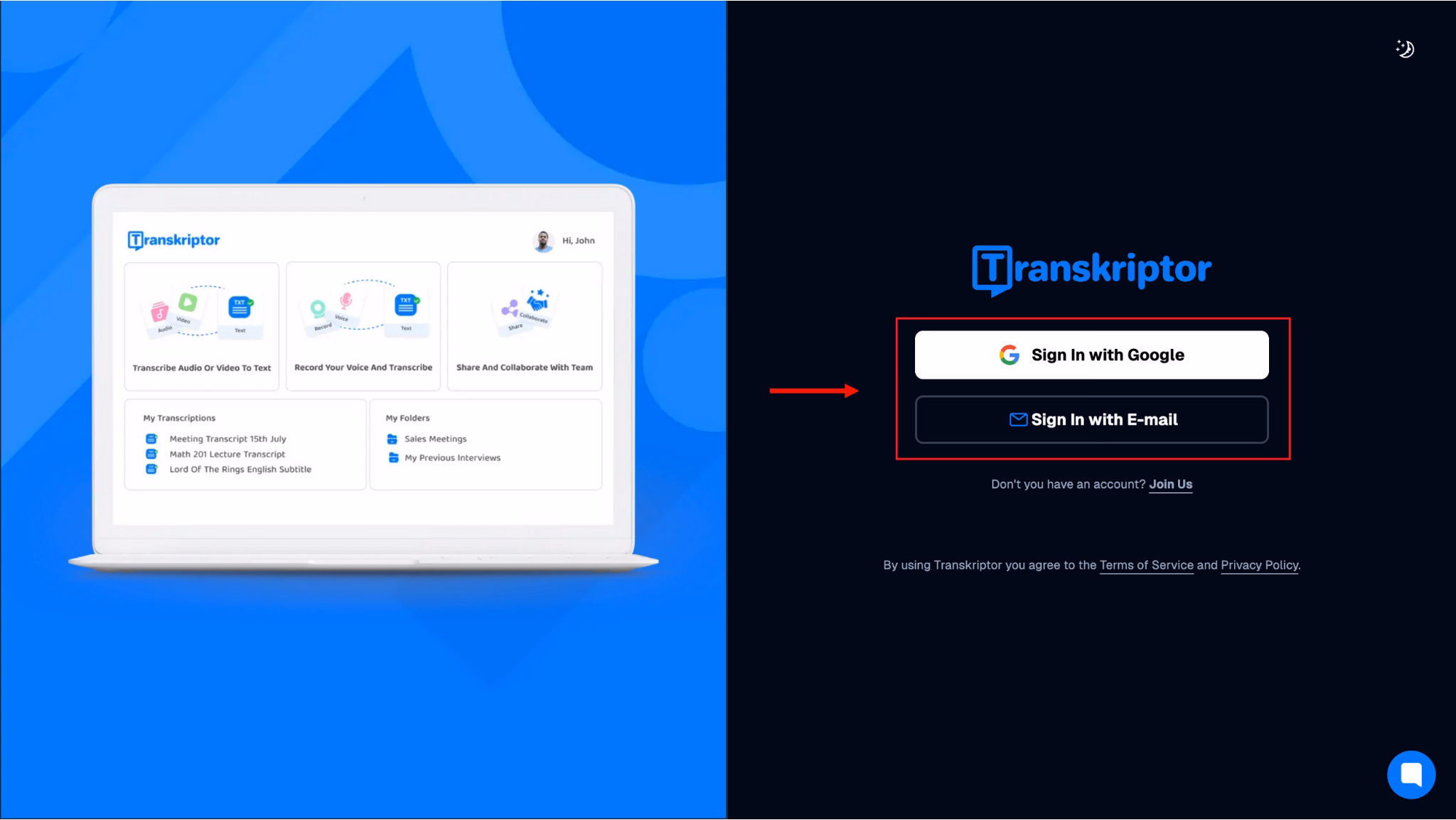 이미지에는 Transkriptor 가입 옵션을 가리키는 화살표가 있습니다.