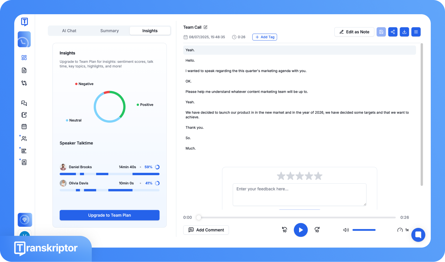Screenshot der Transkriptor-Benutzeroberfläche mit Meeting-Transkription, Stimmungsanalyse und Sprecher-Statistiken.