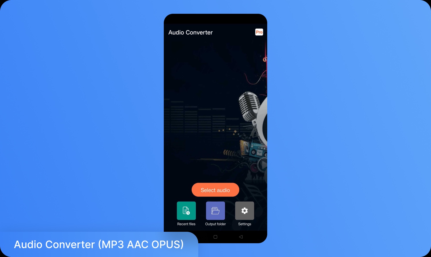 Скріншот інтерфейсу додатка Audio Converter з опціями вибору аудіо, перегляду останніх файлів, папки результатів та налаштувань.