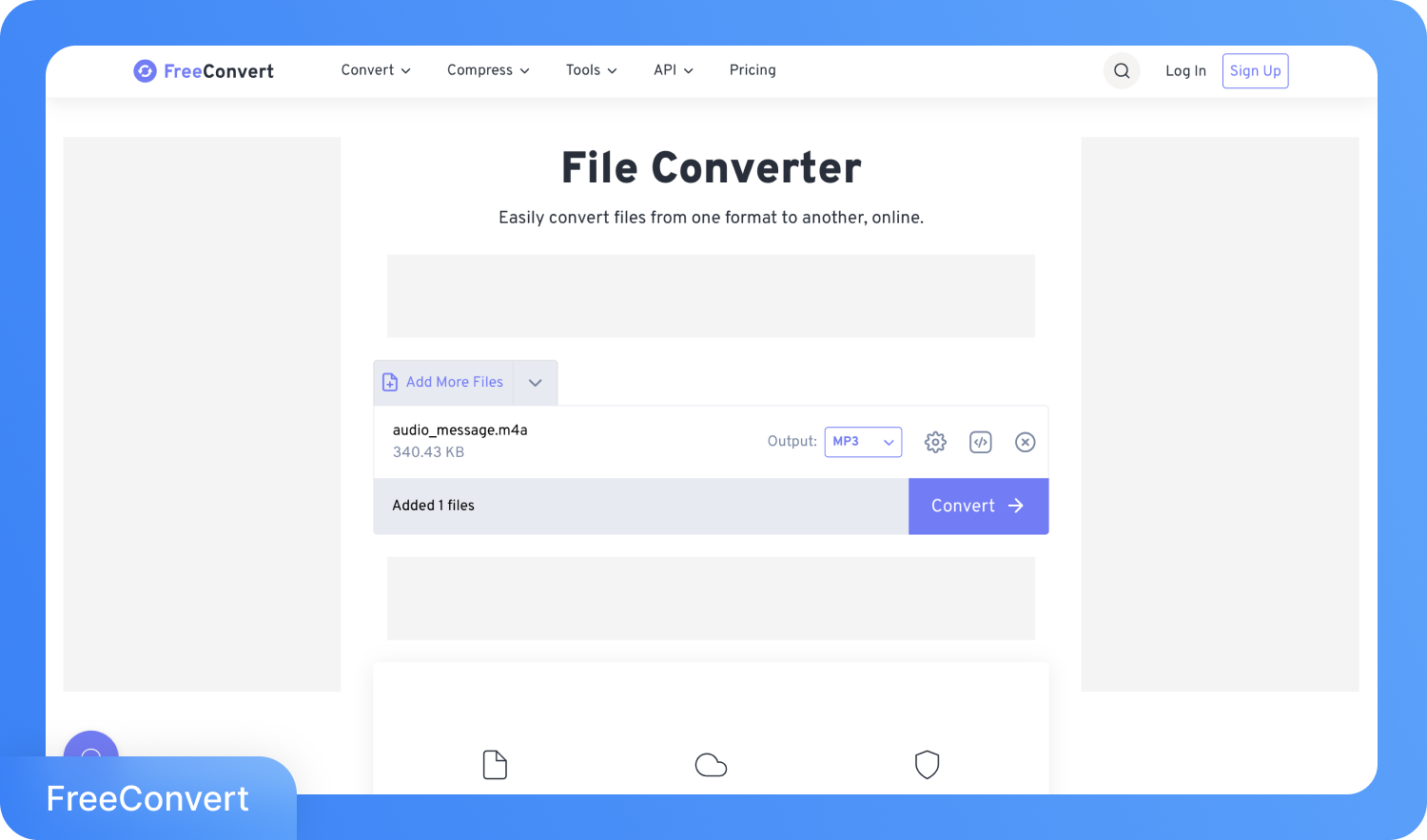 Скріншот веб-сайту FreeConvert, на якому показано файл M4A, готовий до конвертації в MP3.