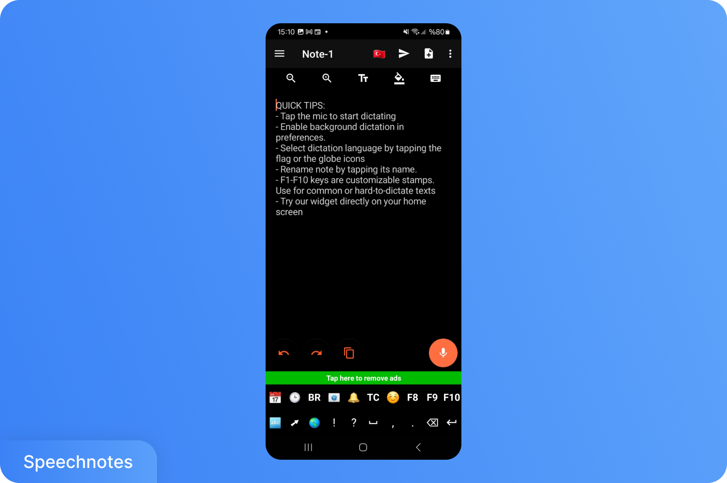 Speechnotes 转写应用截图，展示了操作使用技巧。