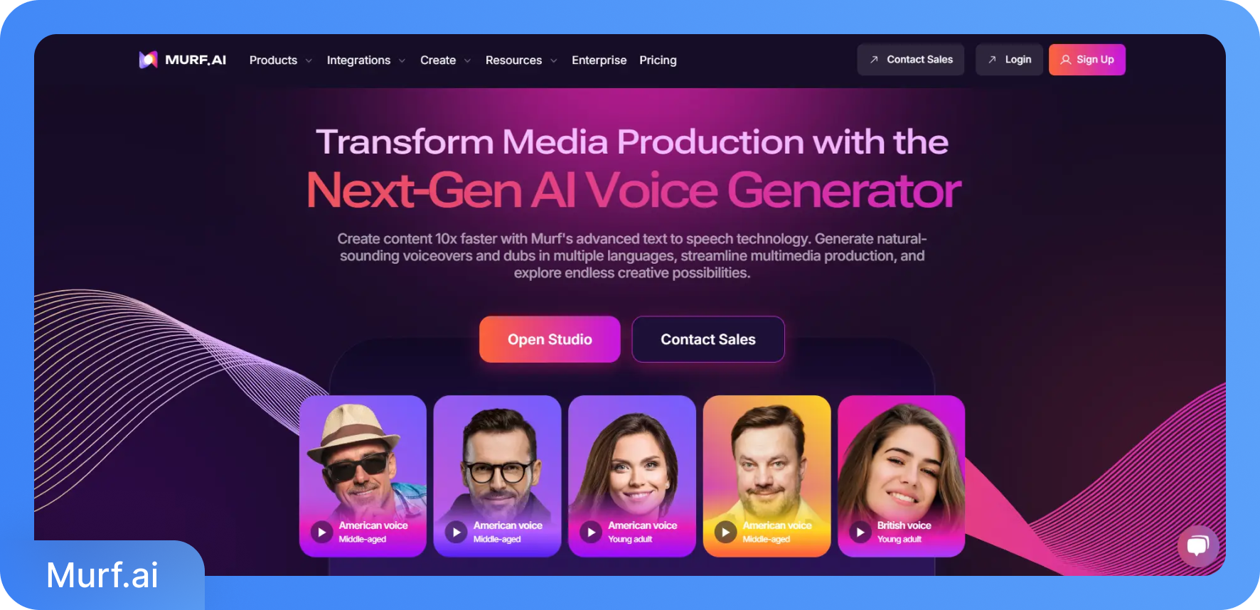 Capture d'écran de la page d'accueil de Murf.ai mettant en avant le « Générateur de voix IA de nouvelle génération » et divers échantillons de voix.