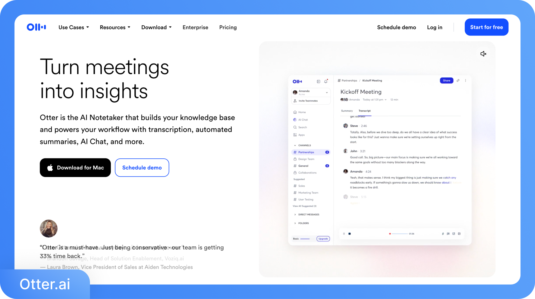 Screenshot der Otter.ai-Homepage mit einer Meeting-Transkription und Notizen, der die Funktionen des KI-Transkriptionsassistenten zeigt.