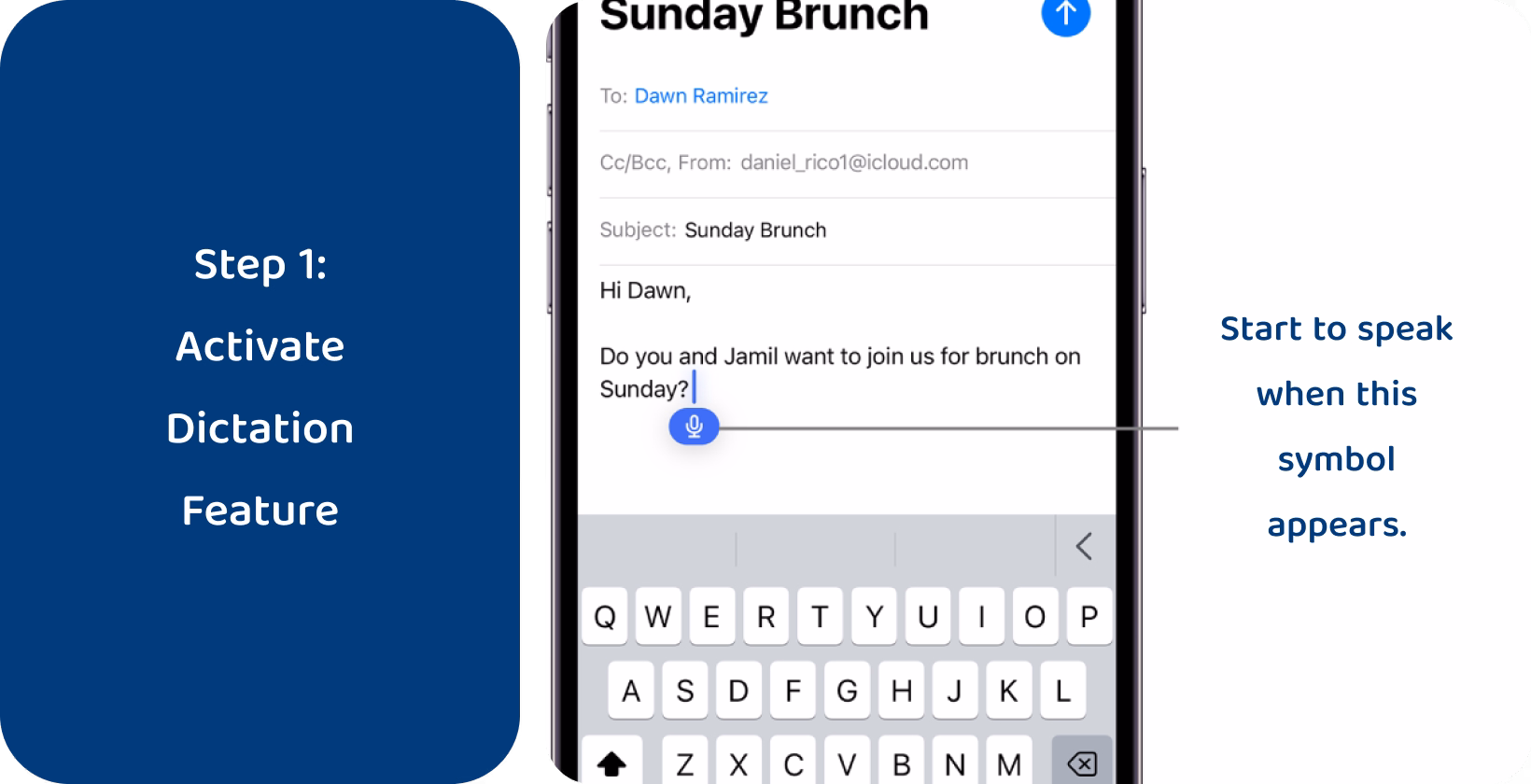 Vartotojas aktyvuoja „iPhone“ diktavimo funkciją el. laiško rašymui, demonstruodamas patogų teksto įvedimą balsu. 